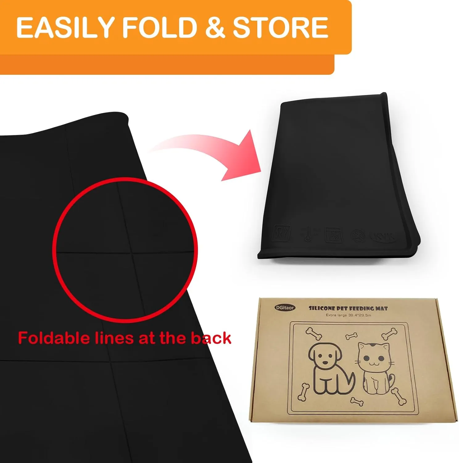 Dog Food Mat for Food and Water, Waterproof Silicone Pet Feeding Mat for Floors with Collapsible Cat Dog Bowl for Travel Extra Large 39.4"x29.5" Black