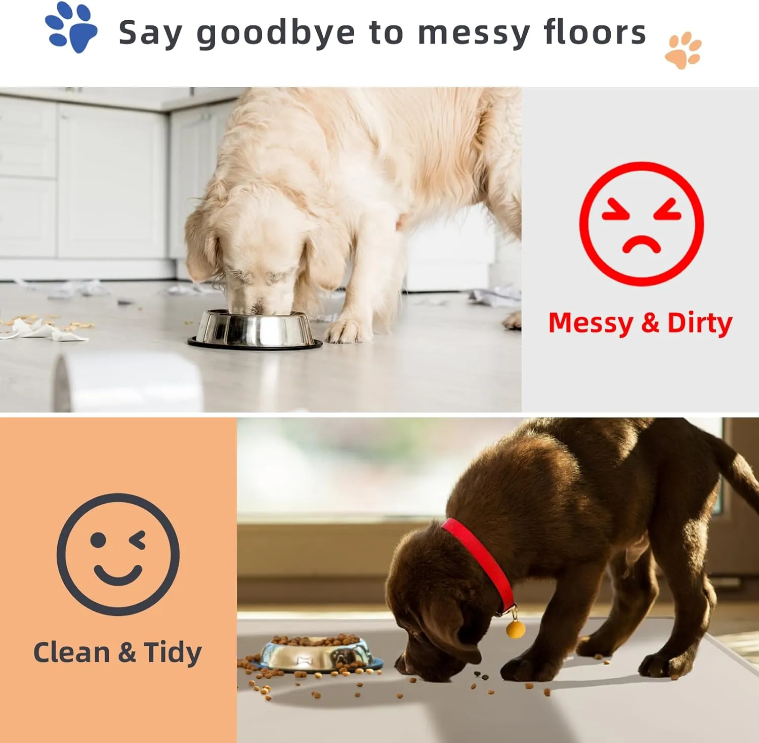 Dog Food Mat for Food and Water, Waterproof Silicone Pet Feeding Mat for Floors with Collapsible Cat Dog Bowl for Travel Extra Large 39.4"x29.5" Black