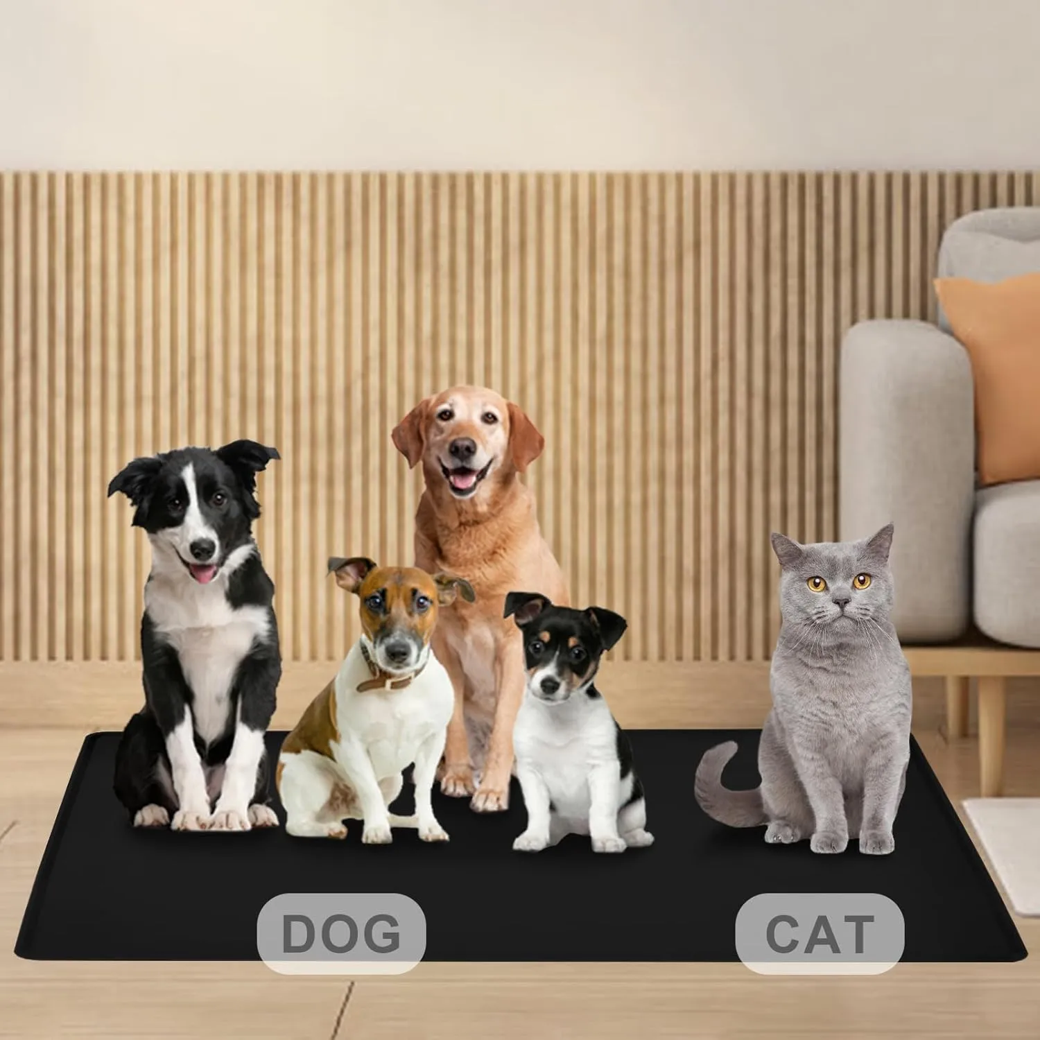 Dog Food Mat for Food and Water, Waterproof Silicone Pet Feeding Mat for Floors with Collapsible Cat Dog Bowl for Travel Extra Large 39.4"x29.5" Black