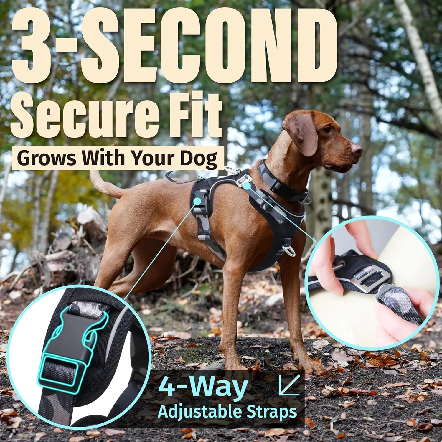 Dog Harness No-Pull with Front & Back D-Rings, Water-Repellent 600D Oxford for Hiking/Training/Walks, Reflective Adjustable Vest, Lightweight Aluminum Hardware Fit for Large Sized Dogs, Camo Black, L