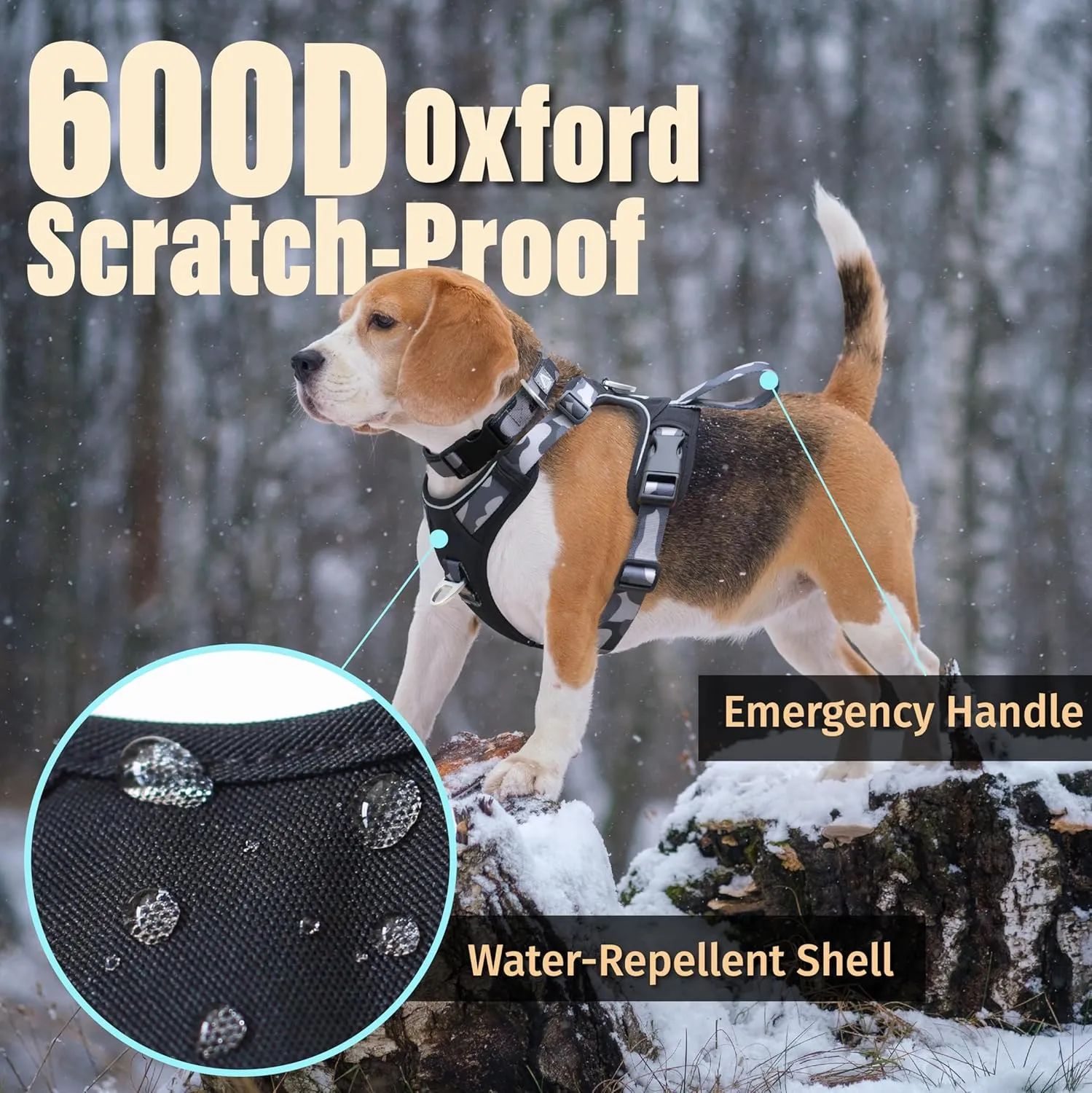 Dog Harness No-Pull with Front & Back D-Rings, Water-Repellent 600D Oxford for Hiking/Training/Walks, Reflective Adjustable Vest, Lightweight Aluminum Hardware Fit for Large Sized Dogs, Camo Black, L