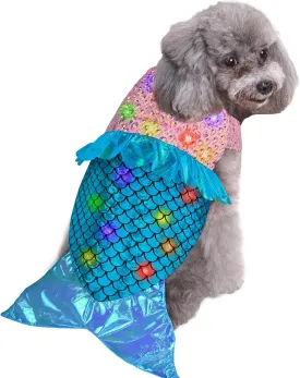 Dog Mermaid Costume, Dog Halloween Costume with LED Lights, Funny Dog Halloween Thanksgiving Costumes, Sparkling Pet Costumes Cosplay Party Costumes for Small Dogs Size S