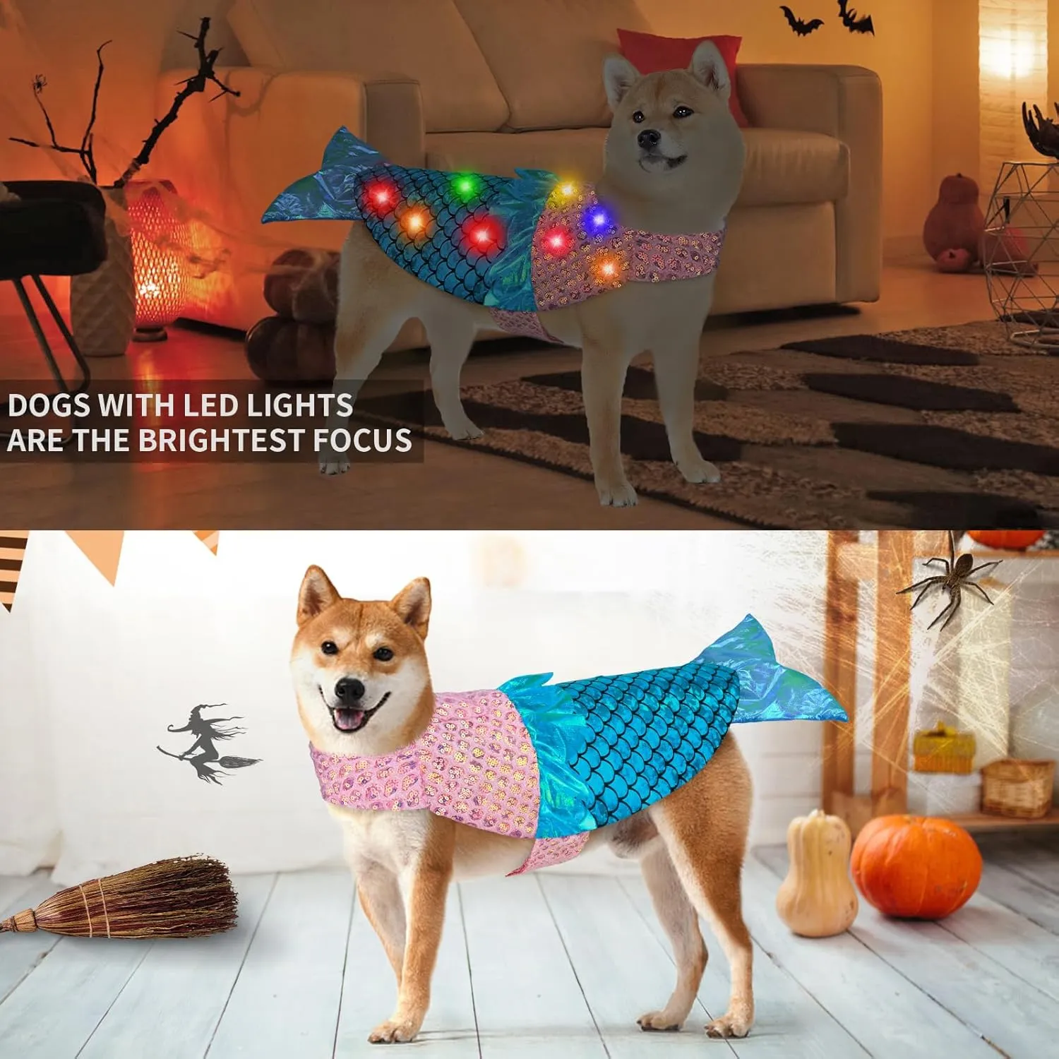 Dog Mermaid Costume, Dog Halloween Costume with LED Lights, Funny Dog Halloween Thanksgiving Costumes, Sparkling Pet Costumes Cosplay Party Costumes for Small Dogs Size S