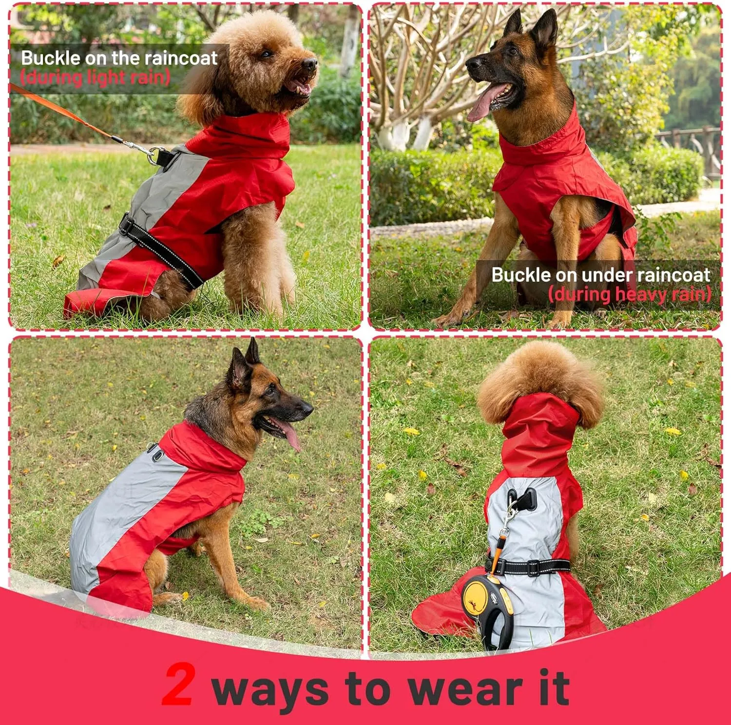 Dog Raincoat with Harness Built in,Outdoor Waterproof Puppy Rain Jacket for Small Dogs,Adjustable Waist by Strap Doggie Rain Coats,Red XS