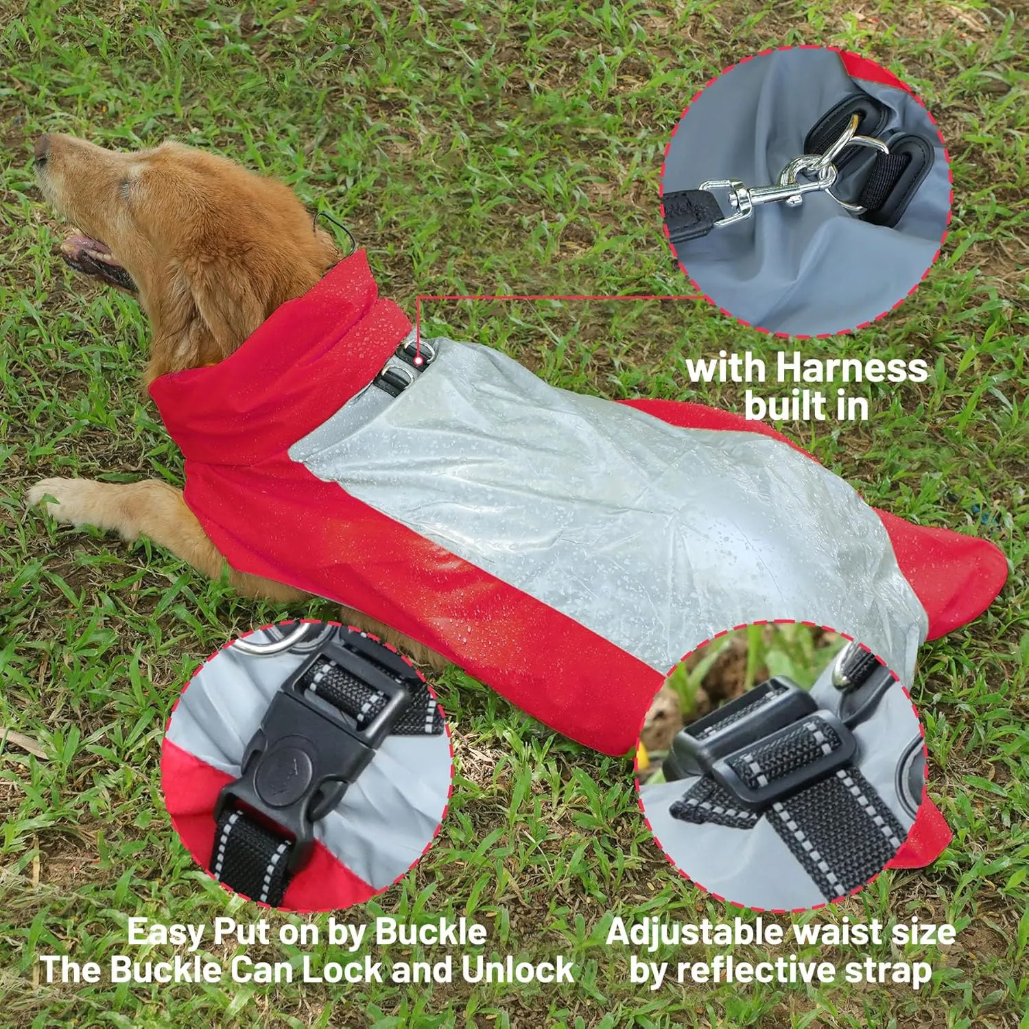 Dog Raincoat with Harness Built in,Outdoor Waterproof Puppy Rain Jacket for Small Dogs,Adjustable Waist by Strap Doggie Rain Coats,Red XS