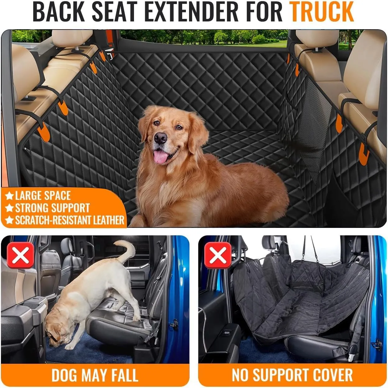 Dog Seat Cover for Trucks, Back Seat Extender for Dogs for F150, RAM1500,Silverado,GMC Sierra - Hard Bottom Dog Hammock Waterproof Truck Seat Protector for Dogs Back SeaT