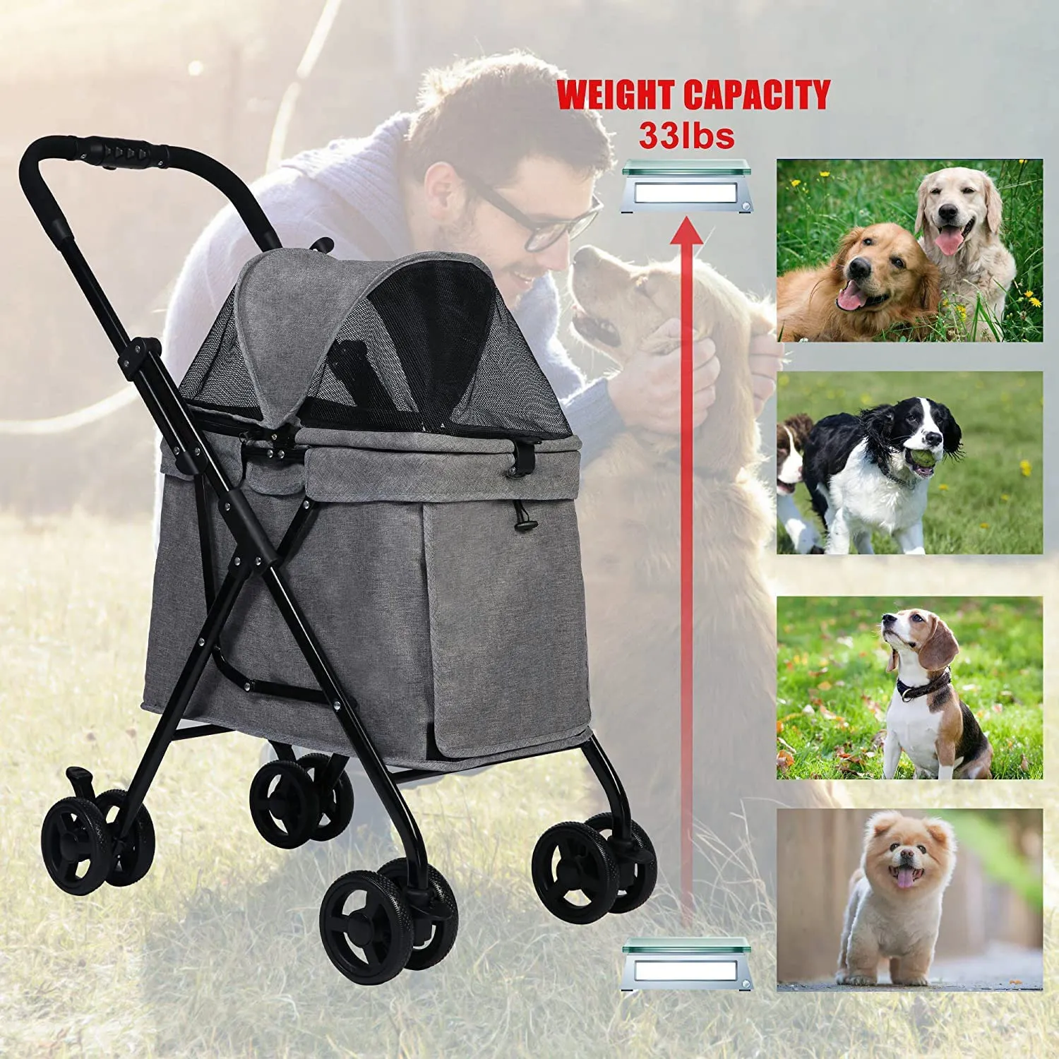 Dog Stroller Foldable for Medium Dogs Cats with Four Wheels Storage Pocket Portable Steel Frame Jogging Travel Carrier Cage,Grey