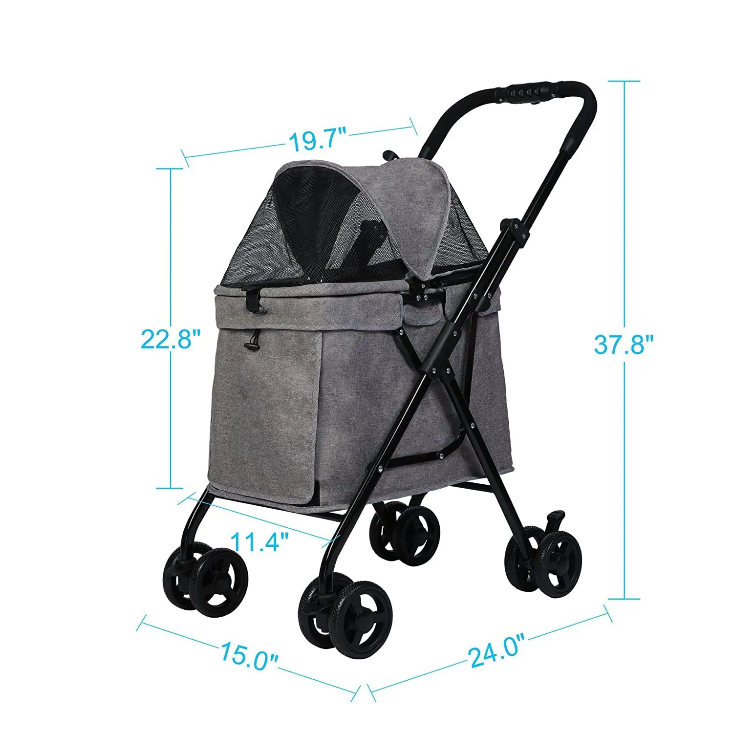 Dog Stroller Foldable for Medium Dogs Cats with Four Wheels Storage Pocket Portable Steel Frame Jogging Travel Carrier Cage,Grey