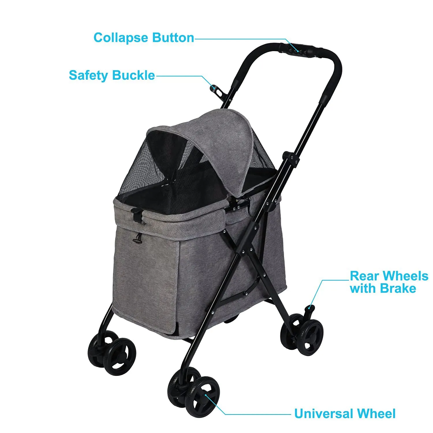 Dog Stroller Foldable for Medium Dogs Cats with Four Wheels Storage Pocket Portable Steel Frame Jogging Travel Carrier Cage,Grey