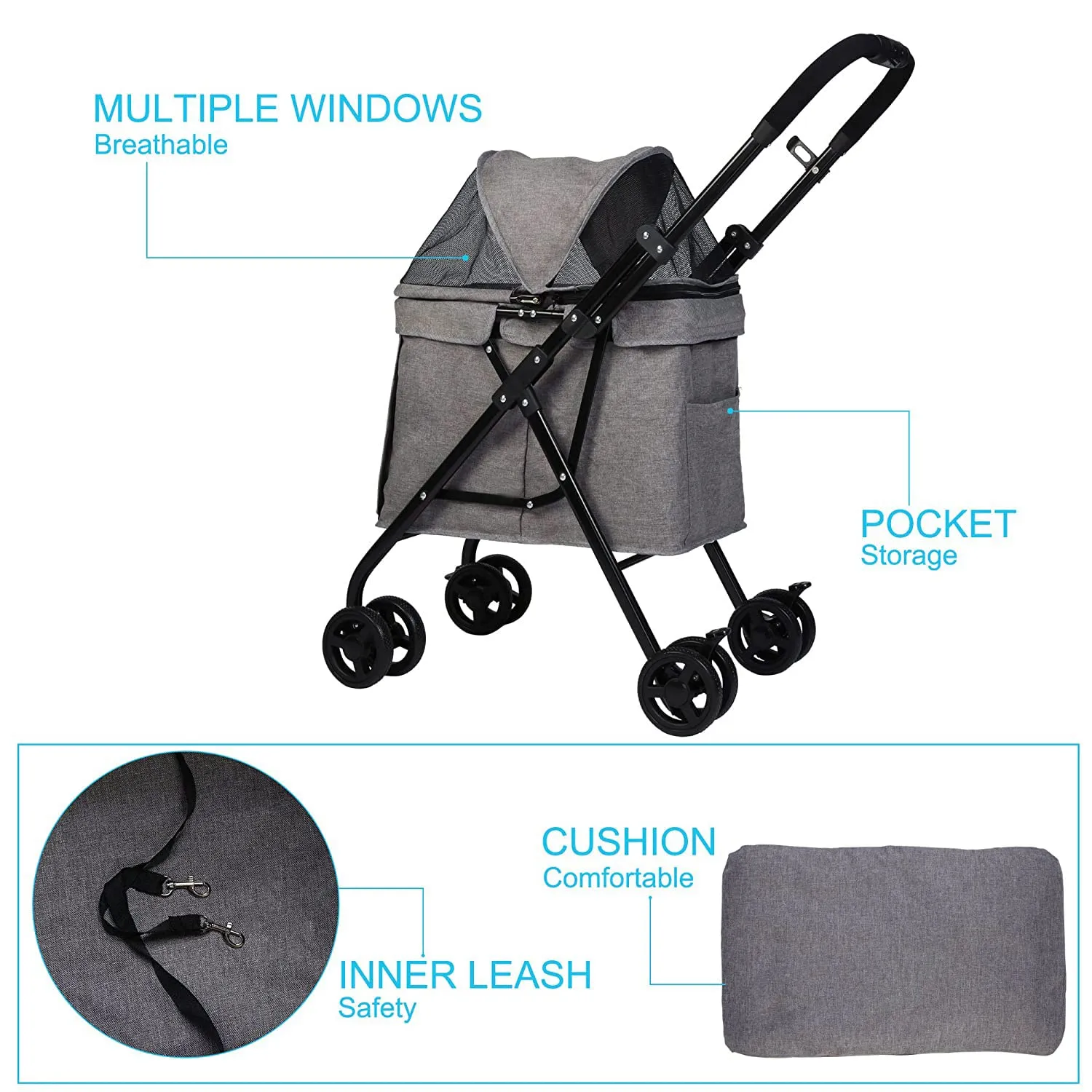 Dog Stroller Foldable for Medium Dogs Cats with Four Wheels Storage Pocket Portable Steel Frame Jogging Travel Carrier Cage,Grey