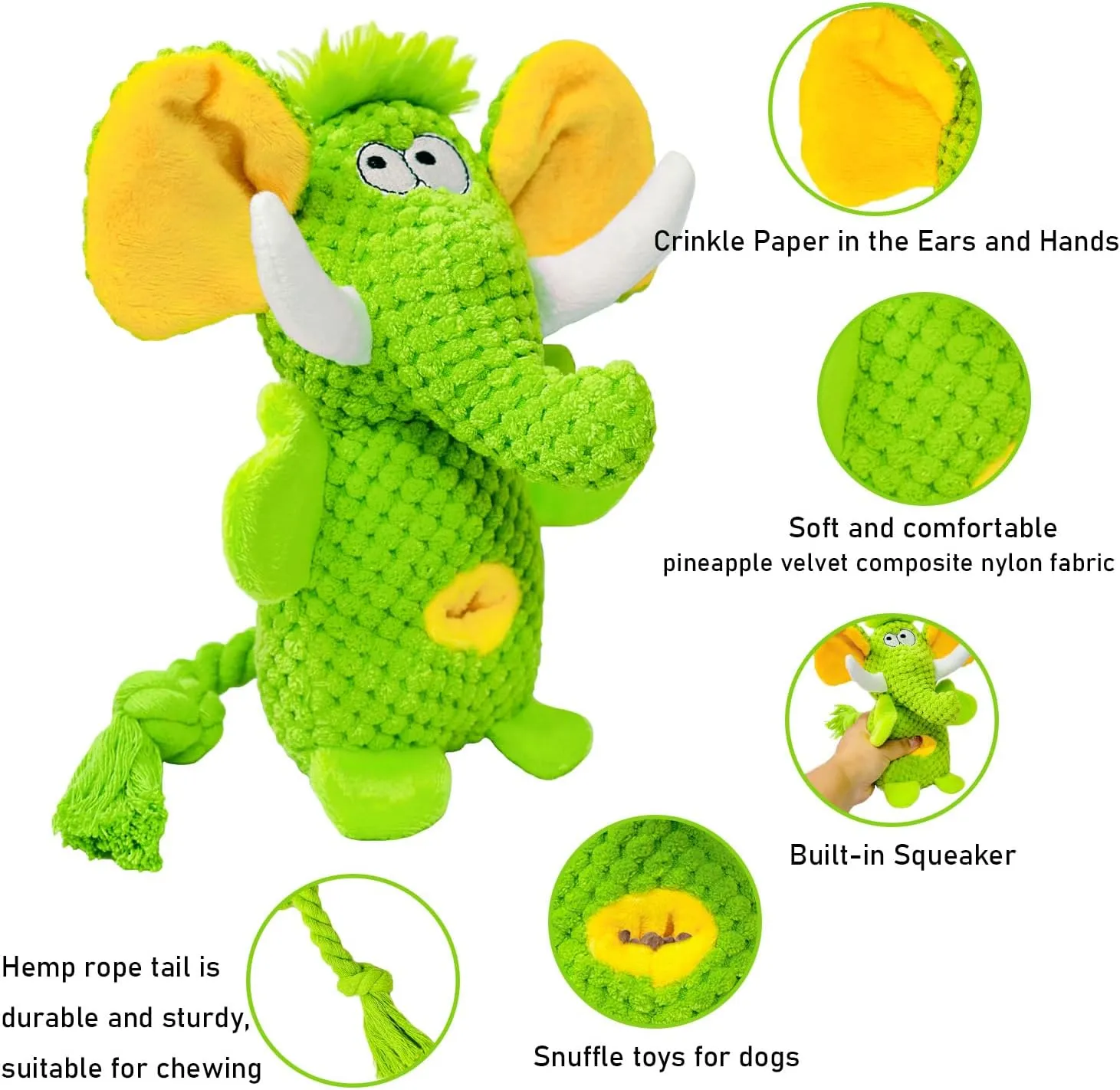 Dog Toys Puppy Toys Cute Pet Toys Squeaky Elephant Dog Toy with Crinkle Paper Plush Dog Stuffed Animals Chew Toy with Cotton Rope Dog Toys to Keep Them Busy for Small Medium Large Dogs (Green)