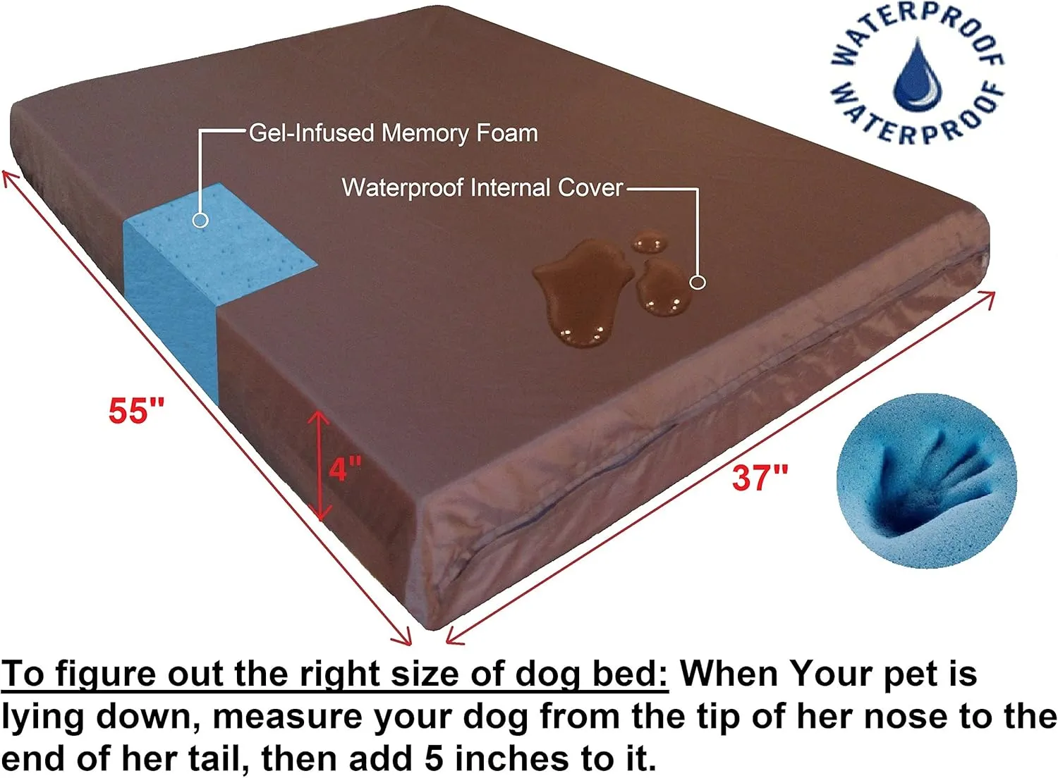 Dogbed4less XXL Orthopedic Gel Infused Cooling Memory Foam Dog Bed for Large Pet, Waterproof Liner, Micro Suede Gray Cover, 55X37X4 Inch