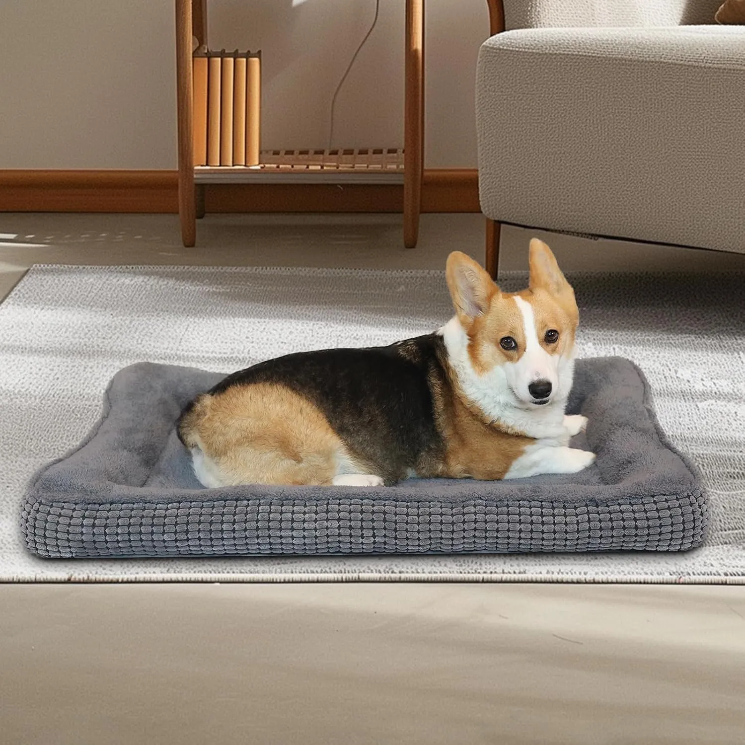 Dogs Crate Bed for Large Dog, Washable Dog Bed for Crate with Bolster, Pet Crate Beds for Large Sized Dogs with Removable Cover and Non Skid Bottom, 40 x 28, Gray