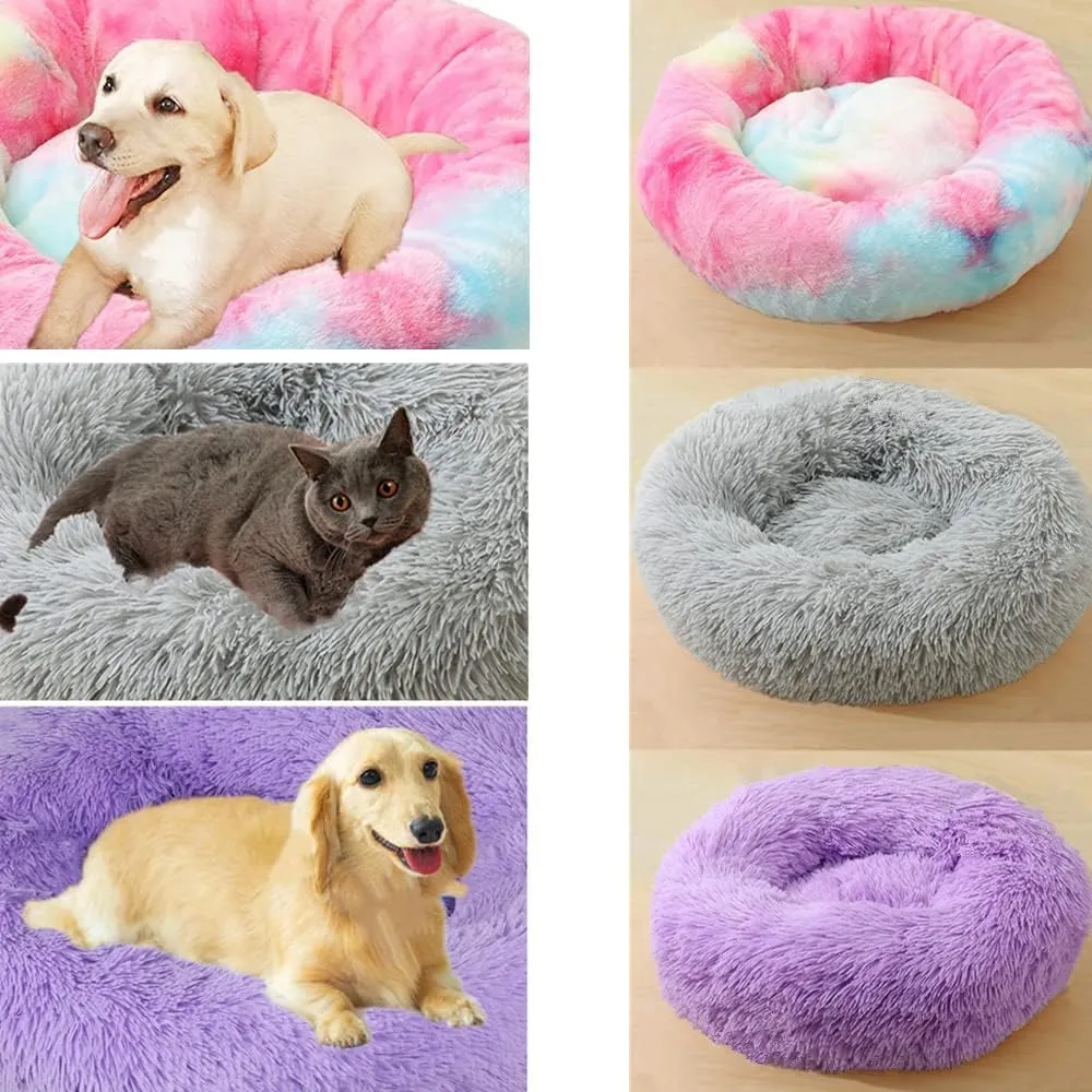 Donut Dog Bed Cat Bed, 20 Inch Round Fluffy Dogs Beds for Small Dogs and Cats, Anti-Anxiety Donut Dog Cuddler Bed, Washable Pet Bed for Medium Cats (Purple)