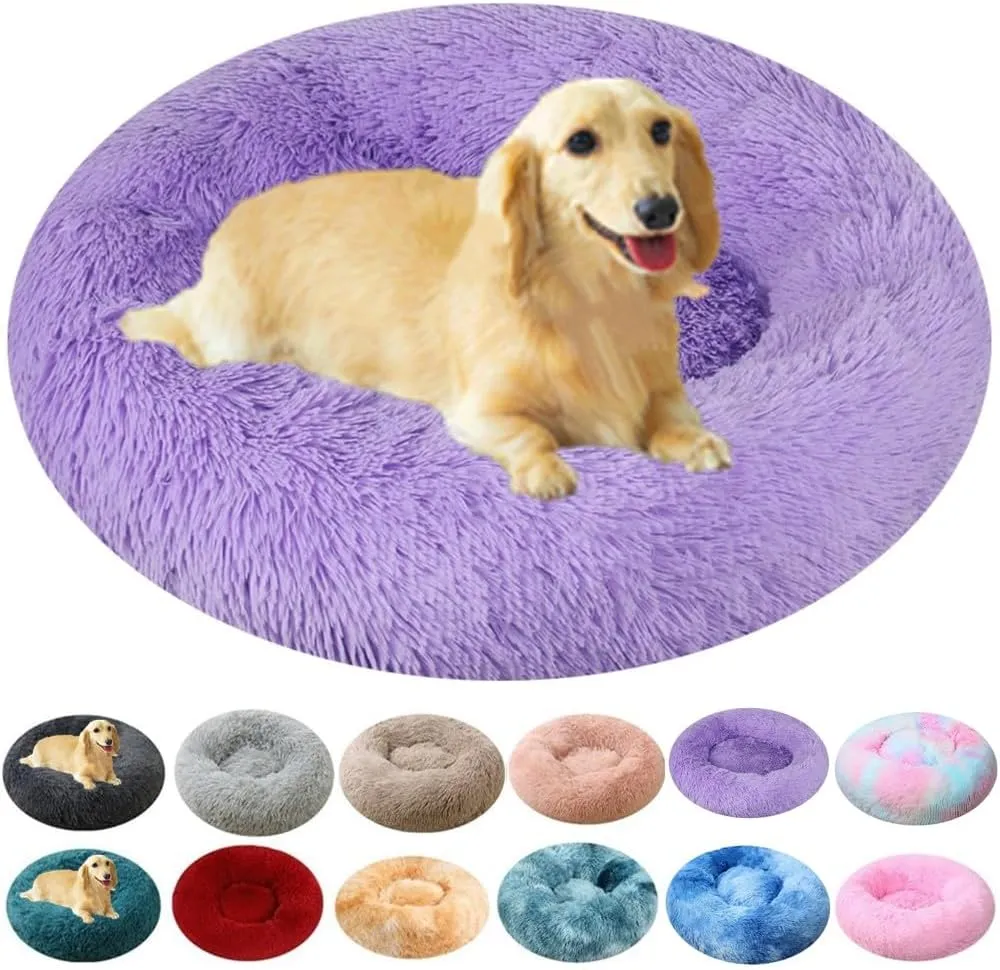 Donut Dog Bed Cat Bed, 20 Inch Round Fluffy Dogs Beds for Small Dogs and Cats, Anti-Anxiety Donut Dog Cuddler Bed, Washable Pet Bed for Medium Cats (Purple)