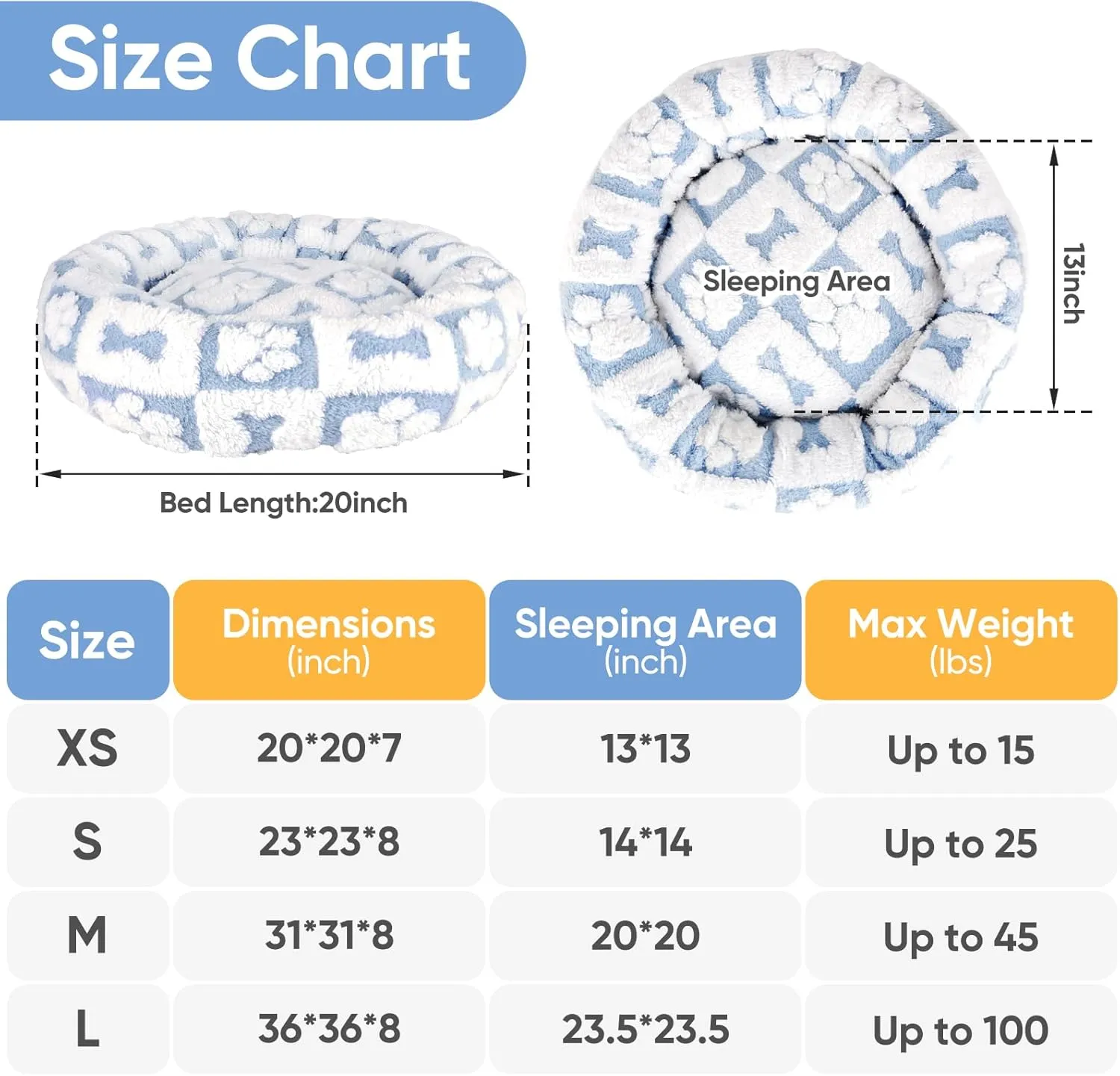 Donut Dog Bed for Small Dogs 23 Inch Round Cat Beds for Indoor Cats Circle Cuddler Pet Bed Fluffy Warm Soft Puppy Bed Removable Washable Cover Anti-Slip Bottom, Blue Paw Bone