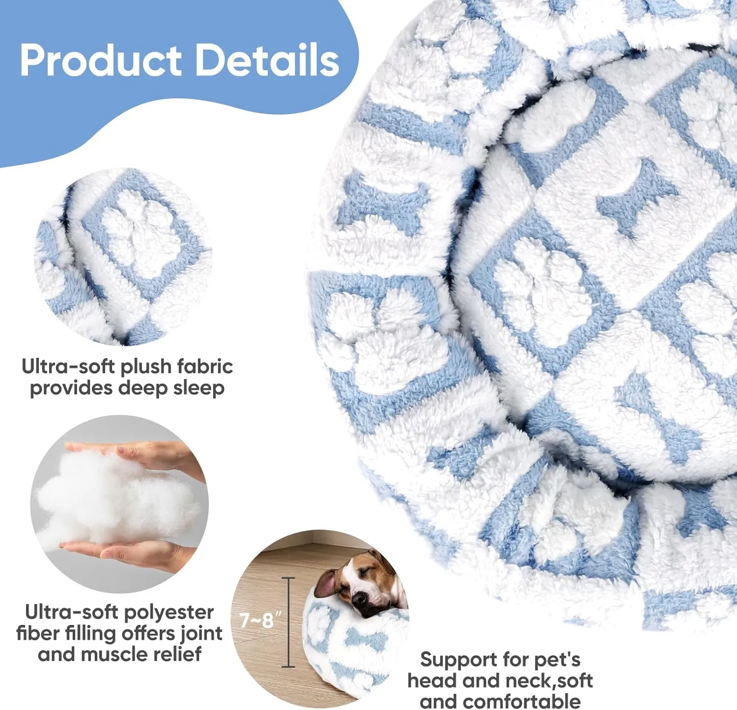 Donut Dog Bed for Small Dogs 23 Inch Round Cat Beds for Indoor Cats Circle Cuddler Pet Bed Fluffy Warm Soft Puppy Bed Removable Washable Cover Anti-Slip Bottom, Blue Paw Bone