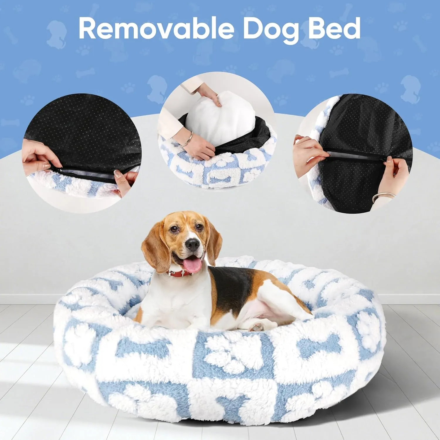 Donut Dog Bed for Small Dogs 23 Inch Round Cat Beds for Indoor Cats Circle Cuddler Pet Bed Fluffy Warm Soft Puppy Bed Removable Washable Cover Anti-Slip Bottom, Blue Paw Bone