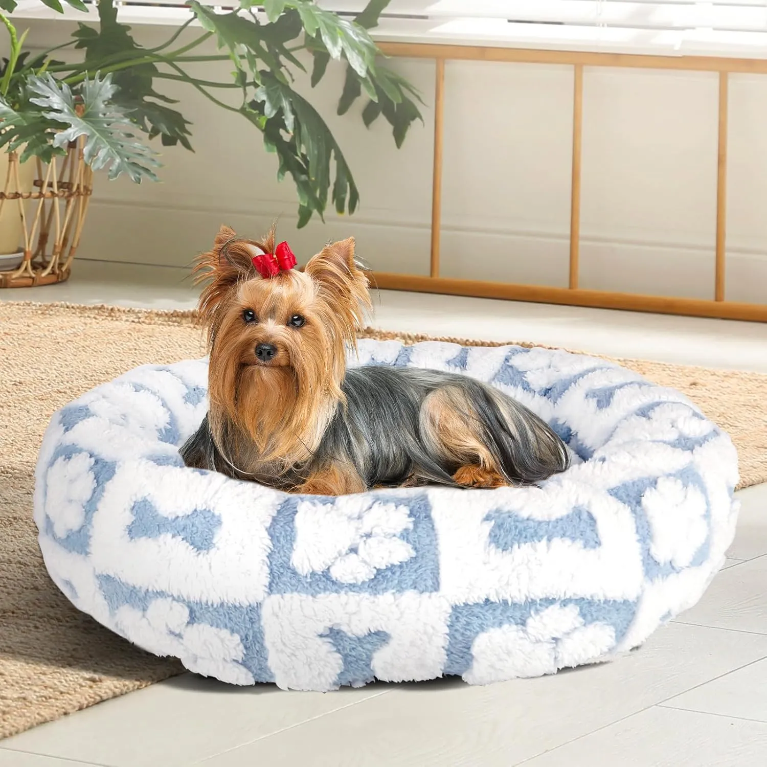 Donut Dog Bed for Small Dogs 23 Inch Round Cat Beds for Indoor Cats Circle Cuddler Pet Bed Fluffy Warm Soft Puppy Bed Removable Washable Cover Anti-Slip Bottom, Blue Paw Bone
