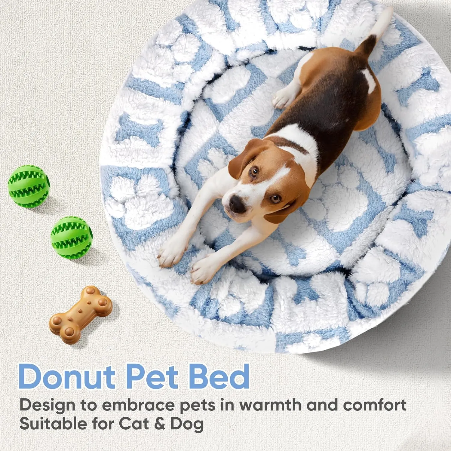 Donut Dog Bed for Small Dogs 23 Inch Round Cat Beds for Indoor Cats Circle Cuddler Pet Bed Fluffy Warm Soft Puppy Bed Removable Washable Cover Anti-Slip Bottom, Blue Paw Bone