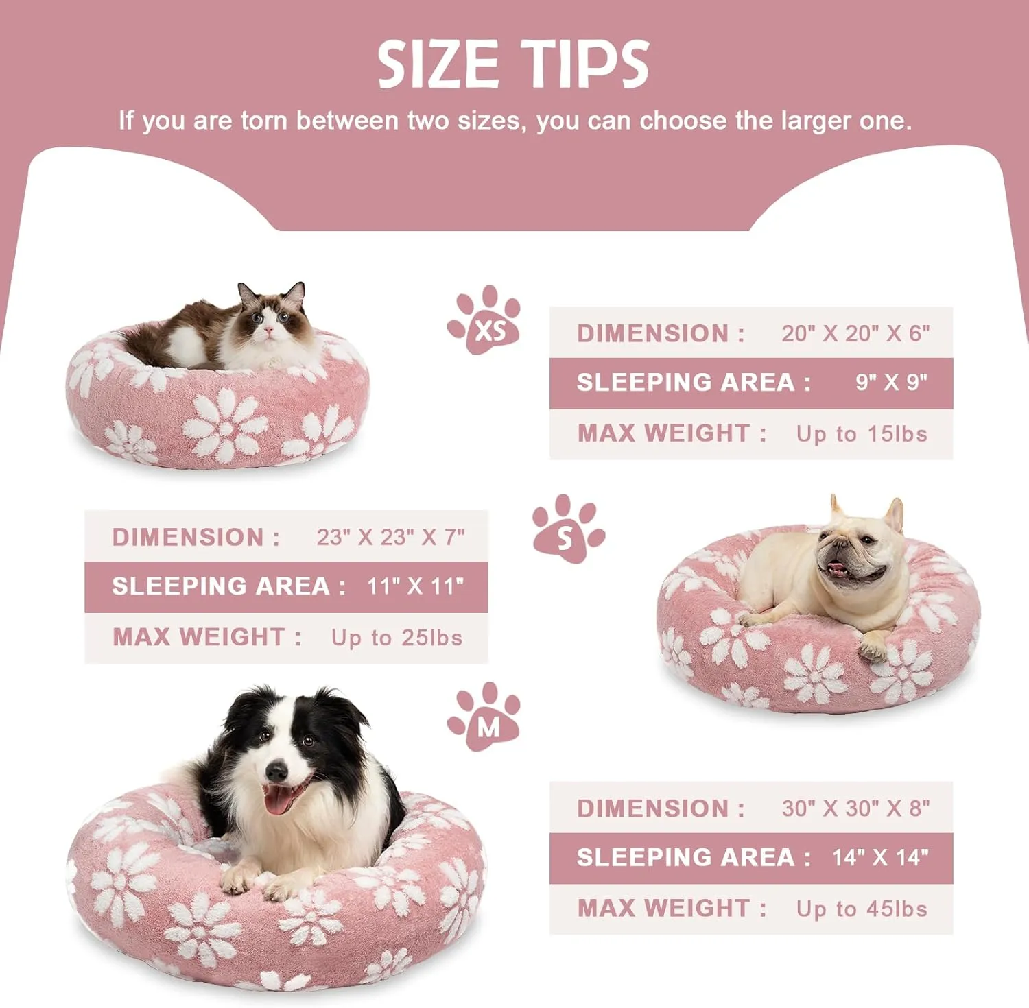 Donut Dog Beds for Small Dogs, Calming Round Cat Beds for Indoor Cats, Cute 3D Textured Flower Pet Bed with Removable Washable Cover and Anti-Slip BottomPink20"