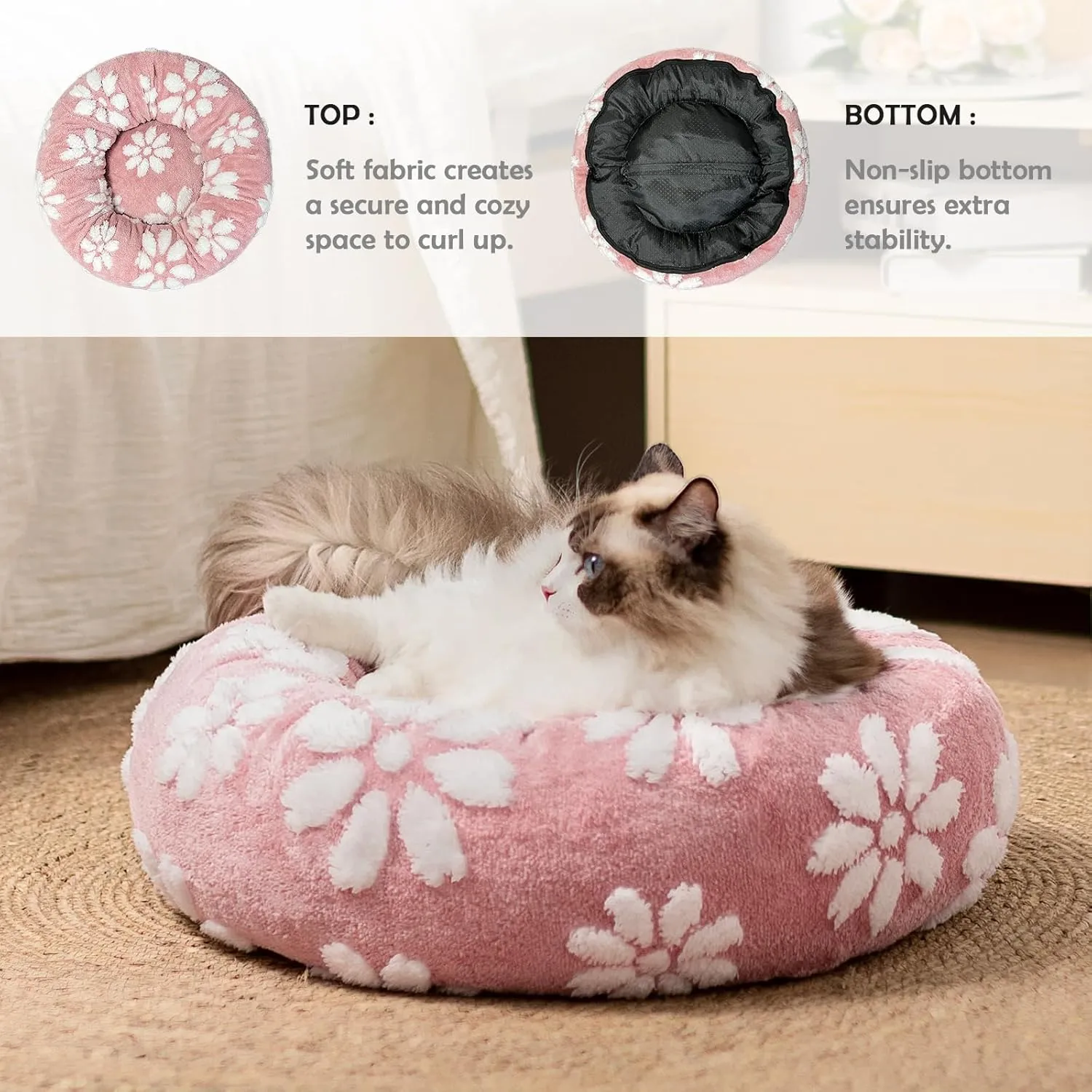 Donut Dog Beds for Small Dogs, Calming Round Cat Beds for Indoor Cats, Cute 3D Textured Flower Pet Bed with Removable Washable Cover and Anti-Slip BottomPink20"