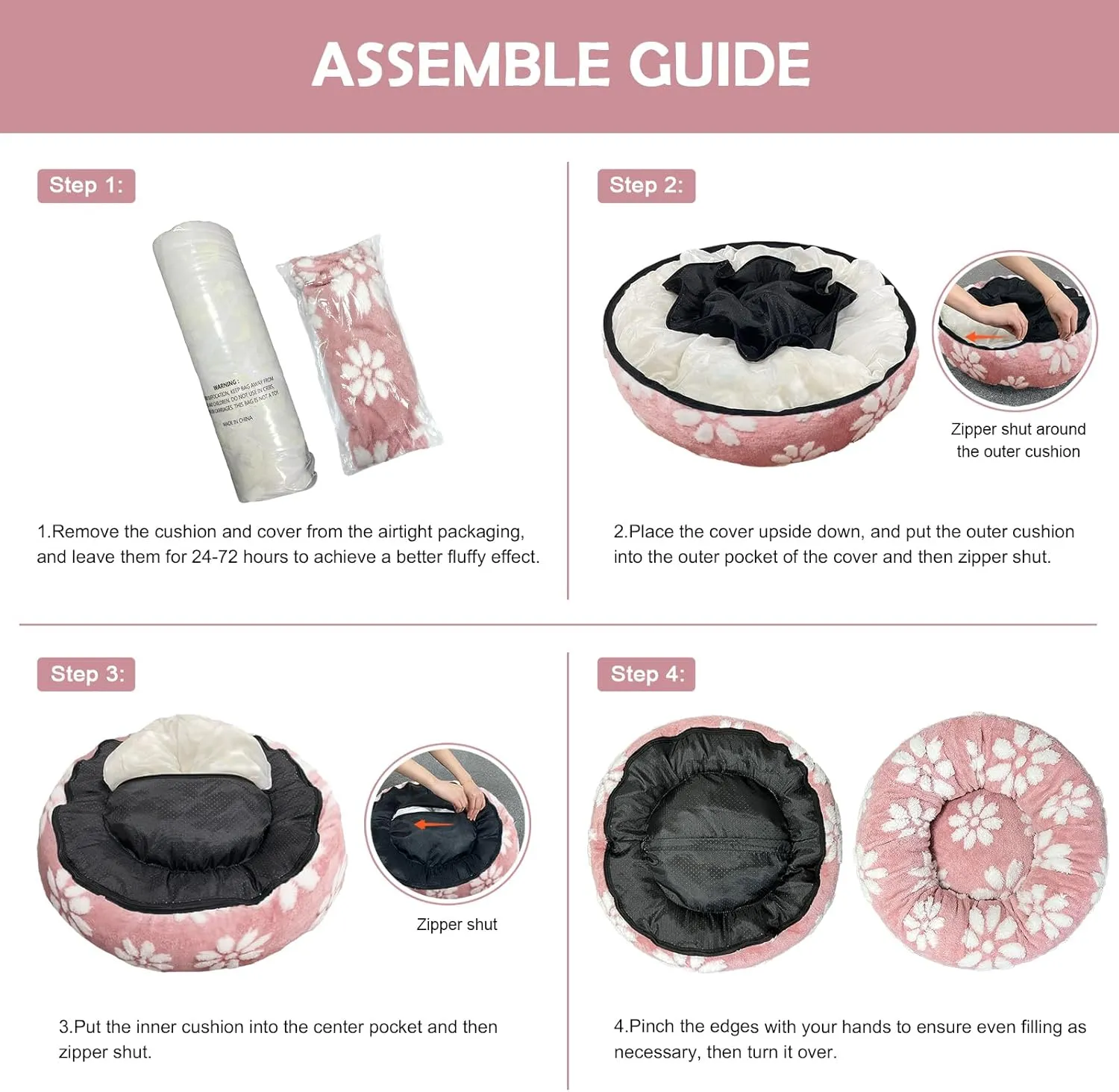 Donut Dog Beds for Small Dogs, Calming Round Cat Beds for Indoor Cats, Cute 3D Textured Flower Pet Bed with Removable Washable Cover and Anti-Slip BottomPink20"