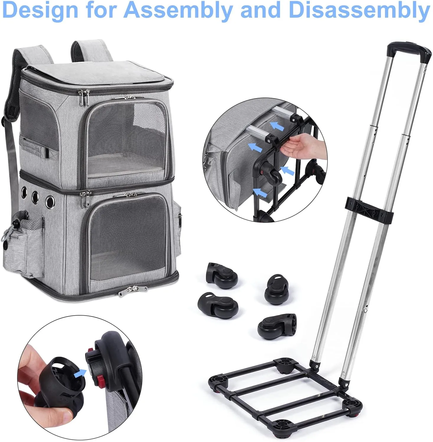 Double-Compartment Pet Carrier Backpack with Wheels for Small Cats and Dogs, Cat Rolling Carrier for 2 Cats, Perfect for Traveling/Taking a Walk/Trips to The Vet, Grey