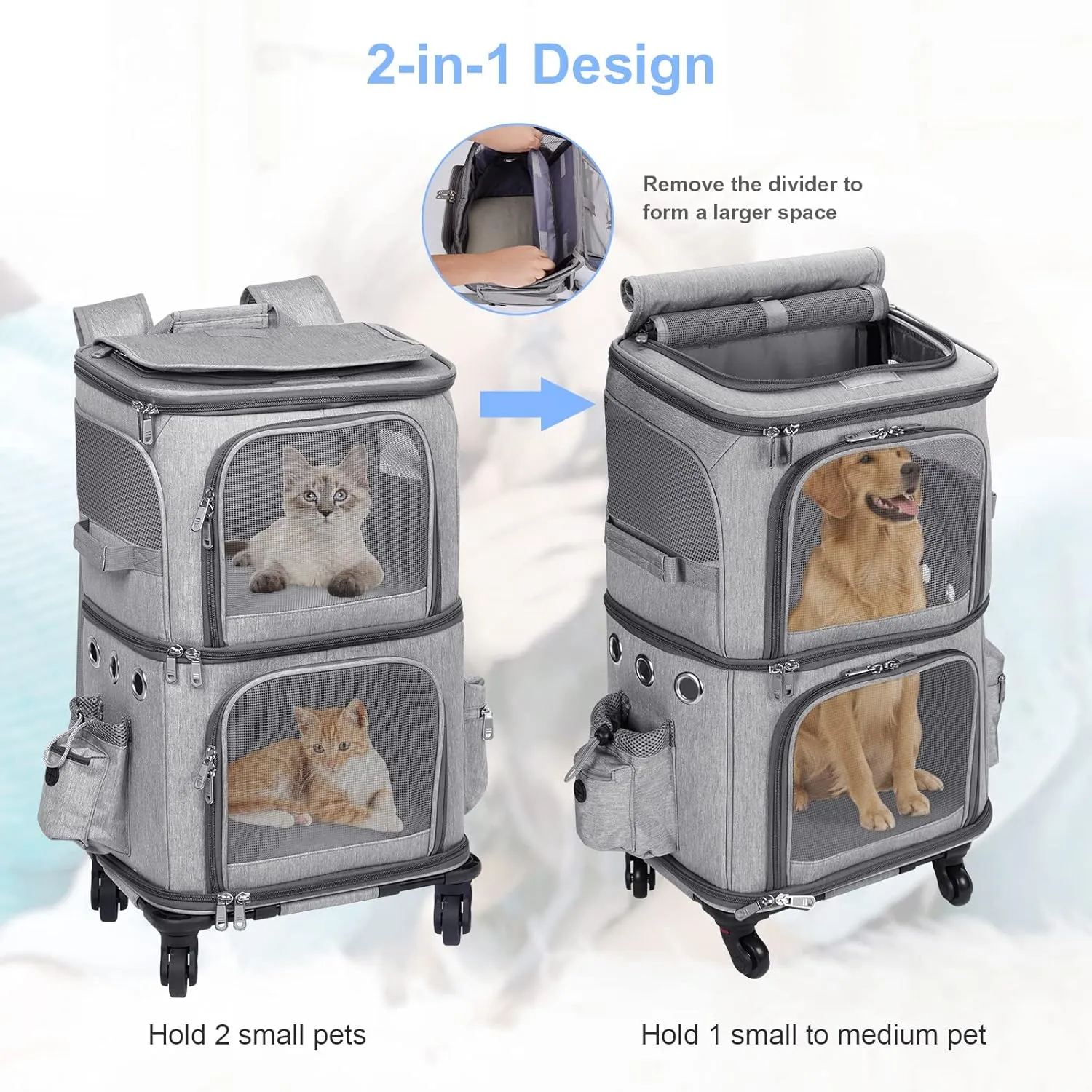 Double-Compartment Pet Carrier Backpack with Wheels for Small Cats and Dogs, Cat Rolling Carrier for 2 Cats, Perfect for Traveling/Taking a Walk/Trips to The Vet, Grey