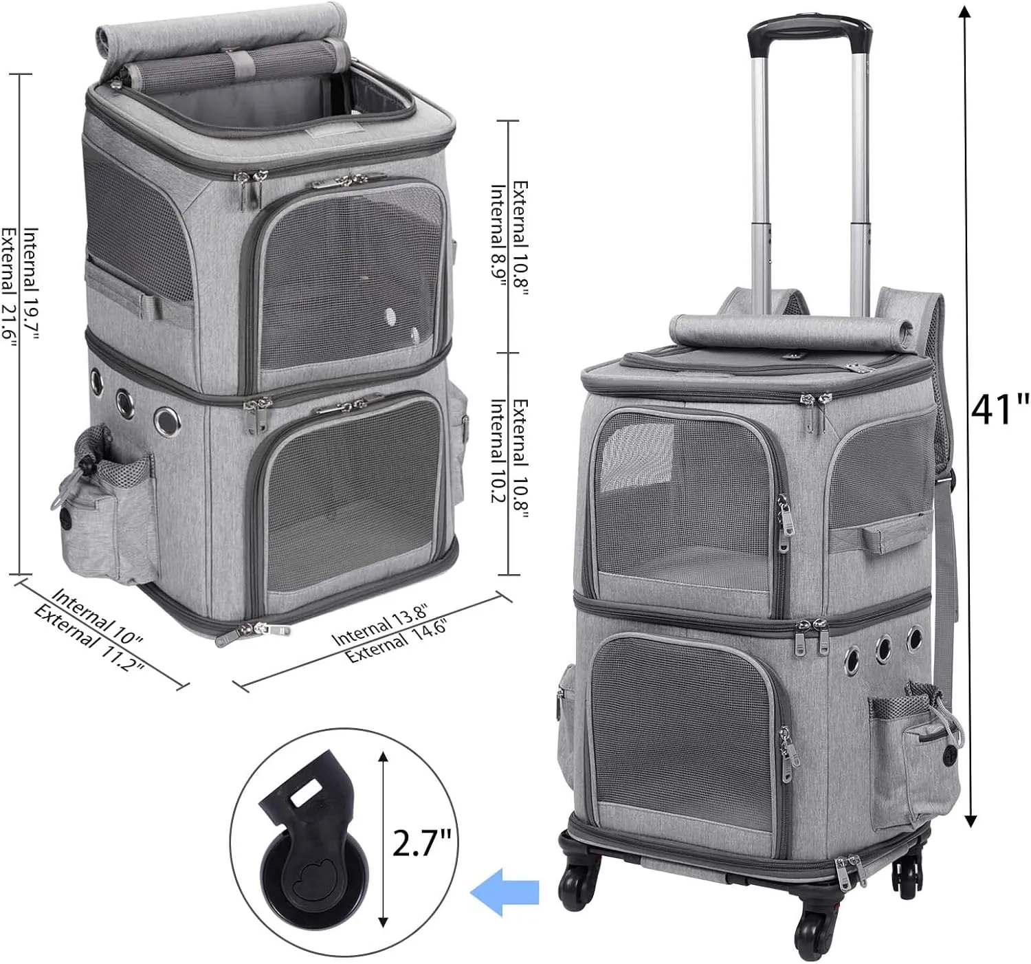 Double-Compartment Pet Carrier Backpack with Wheels for Small Cats and Dogs, Cat Rolling Carrier for 2 Cats, Perfect for Traveling/Taking a Walk/Trips to The Vet, Grey