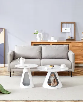 Dual-Purpose Round Coffee Tables with Marble-Look Top and Steel Base, Includes Cozy Cat Beds, Set of 2
