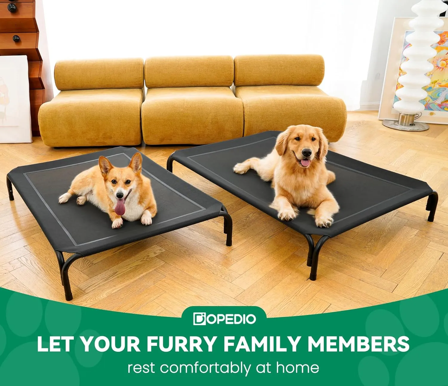 Elevated Dog Bed Raised Outdoor Dog Cot for Large Dogs, Installation Requires No Tools, Frame with Washable Cooling Breathable Mesh Anti-Slip Feet, Indoor Pet Bed, Black, 43.3 Inches
