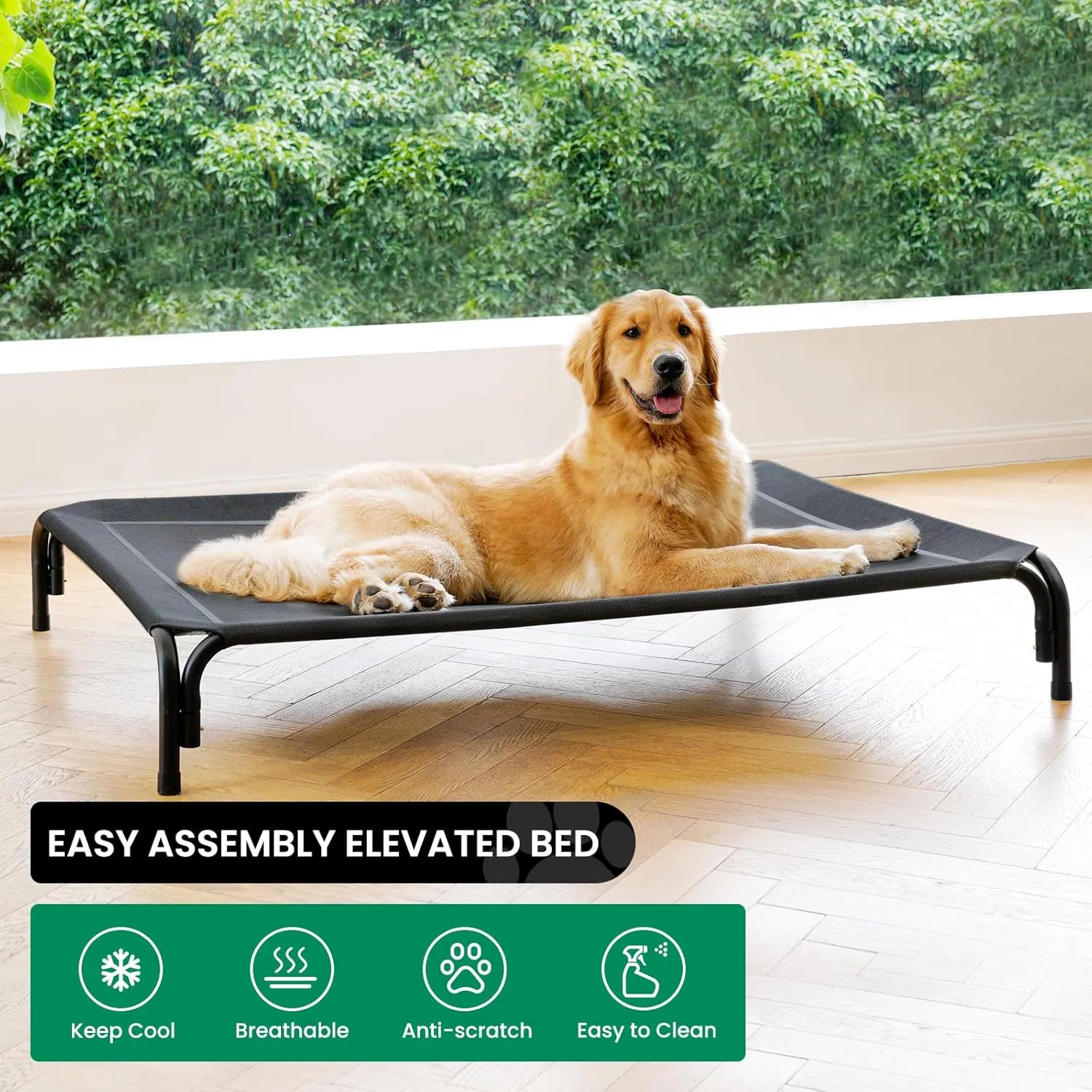Elevated Dog Bed Raised Outdoor Dog Cot for Large Dogs, Installation Requires No Tools, Frame with Washable Cooling Breathable Mesh Anti-Slip Feet, Indoor Pet Bed, Black, 43.3 Inches