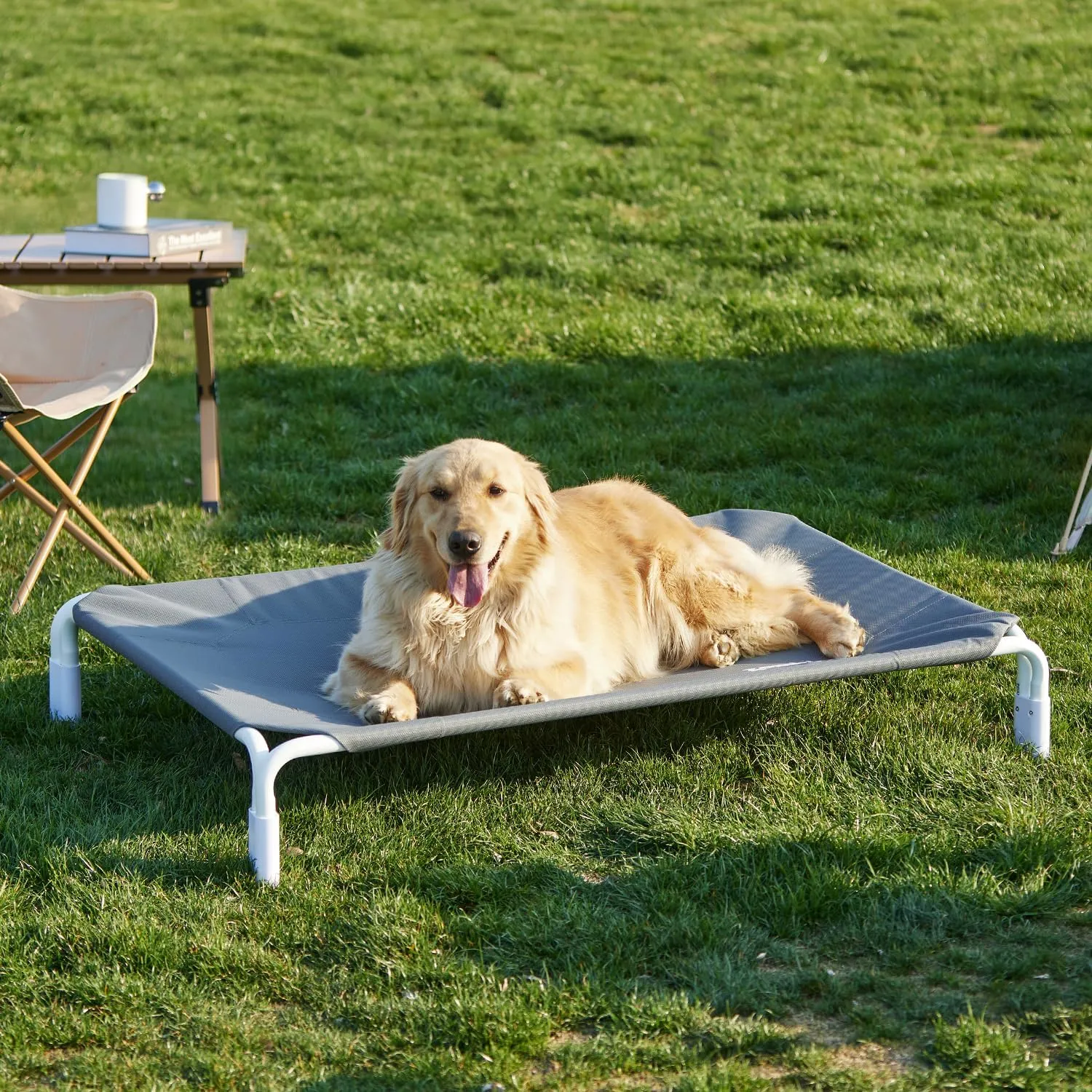 Elevated Dog Cot Bed, Tool-Free Assembly, Outdoor Raised Dog Cooling Bed Frame for Large Pets, Summer Pet Hammock Off Ground with Non-Slip Feet & Waterproof Teslin Mesh, 43x30 Inch
