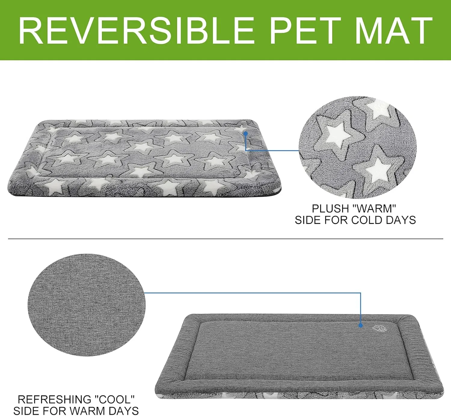 EMPSIGN Dog Crate Pad - Reversible Kennel Mat (Cool & Warm), Machine Washable, Cozy Star Pattern Sleeping Pad for Small Medium Large Dogs, All-Season Pet Bed, Suitable for 36"x24" Dog Crate, Grey