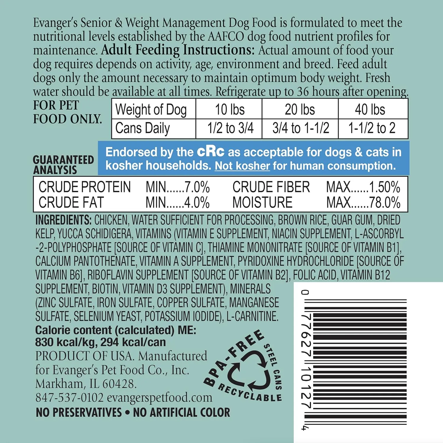 Evanger's Heritage Classics Senior & Weight Management for Dogs - 12, 12.5 oz Cans