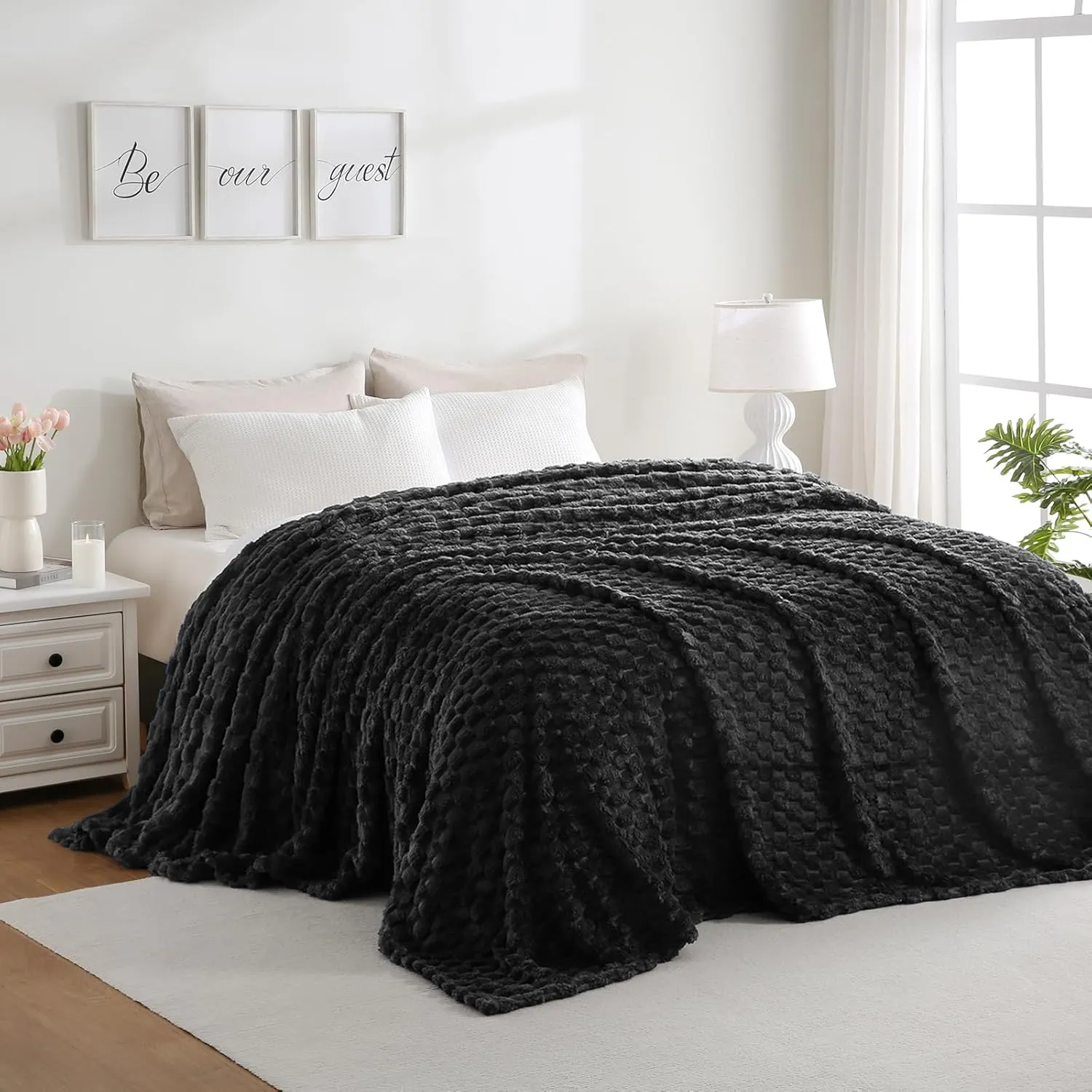 Excervent Flannel Fleece Throw Blanket(120x120 inches), Oversized Giant Extra Large 10'x10' King Bed Throw, Hexagon Jacquard Decorative Fuzzy Blankets for Household, Camping, and Travel, Black