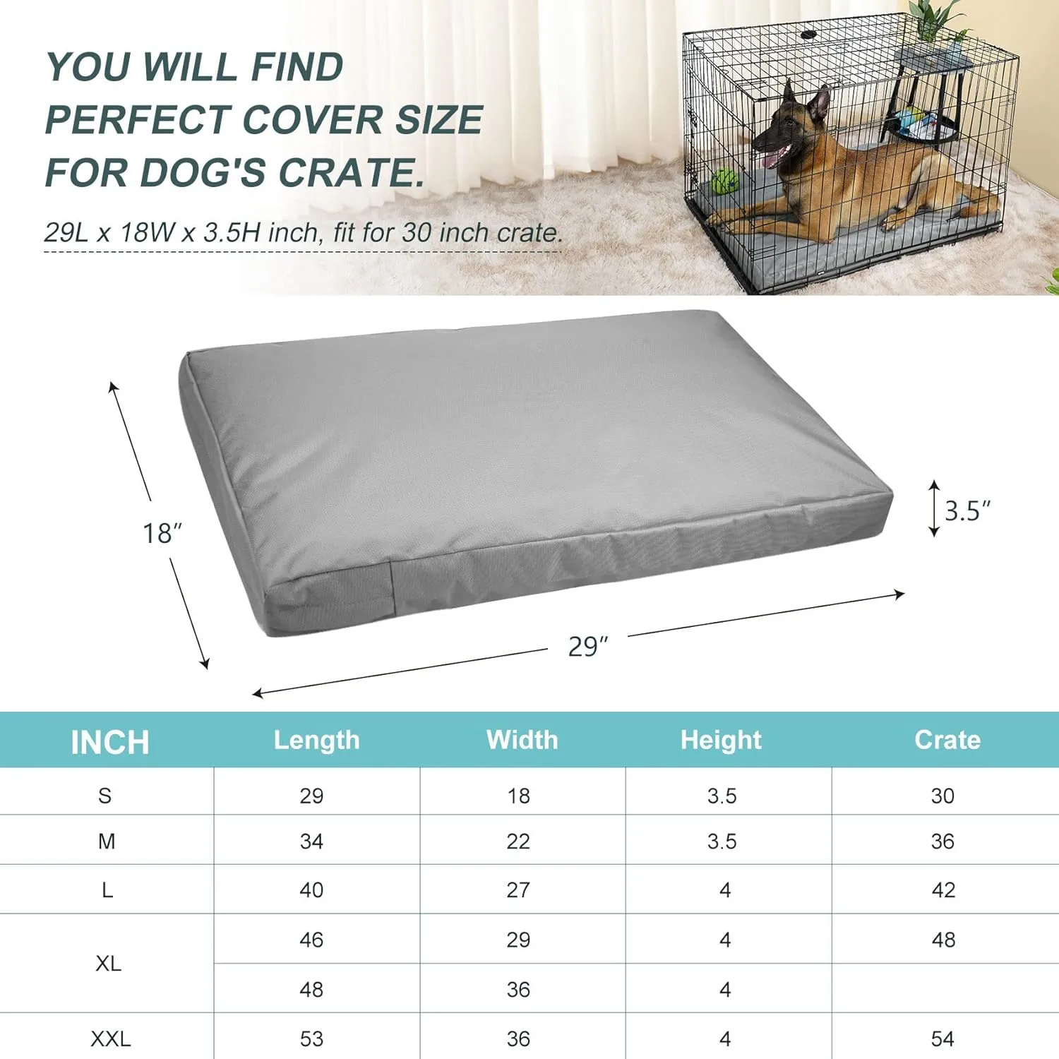 Explore Land Waterproof Dog Bed Cover Canvas Washable Dog Crate Pad Replacement Cover for 30 Inch Crate, 29Lx18Wx3.5H inch, Gray