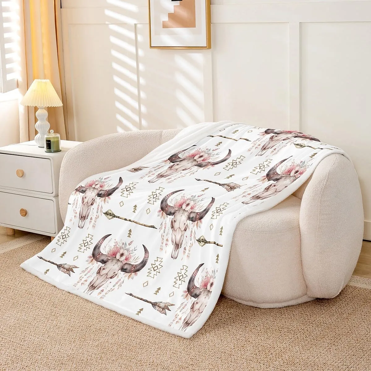 Feelyou Boho Arrow Floral Blanket - Boho Wild Animal Skeleton Fleece Sherpa Throw for Bed, Couch, Chair - 50"x60"