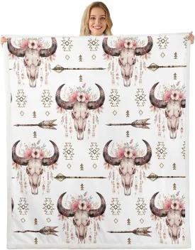 Feelyou Boho Arrow Floral Blanket - Boho Wild Animal Skeleton Fleece Sherpa Throw for Bed, Couch, Chair - 50"x60"
