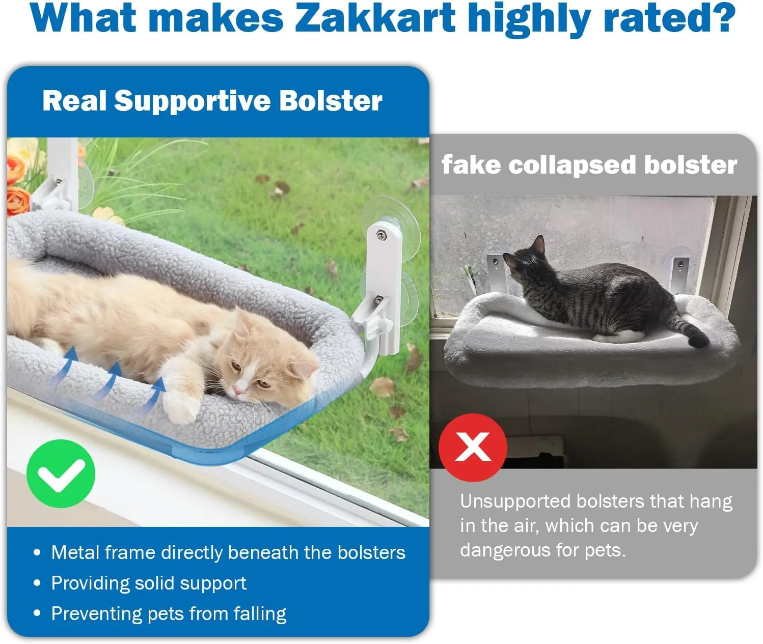 Foldable Cat Hammock for Window - Cordless, Embeded Machine Washable Bed, Robust Metal Frame - Cat Window Perch for Large Cats and Kittens (Gray Bolster Bed, Medium)