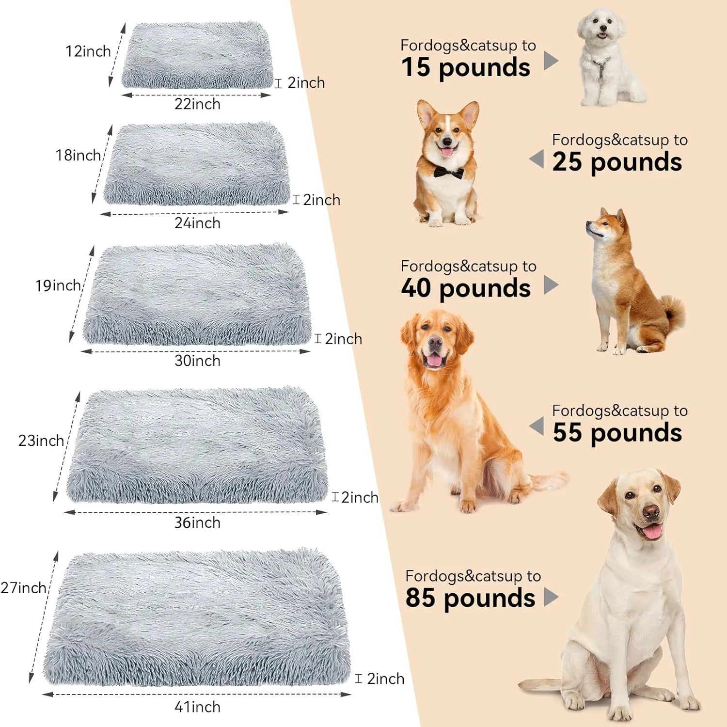 Fulffy Pet Pad Bed - 36" x 23" Plush Faux Fur Dog Crate Mat with Anti-Slip Bottom, Machine Washable Kennel Pad for Large & Medium Dogs, Gray