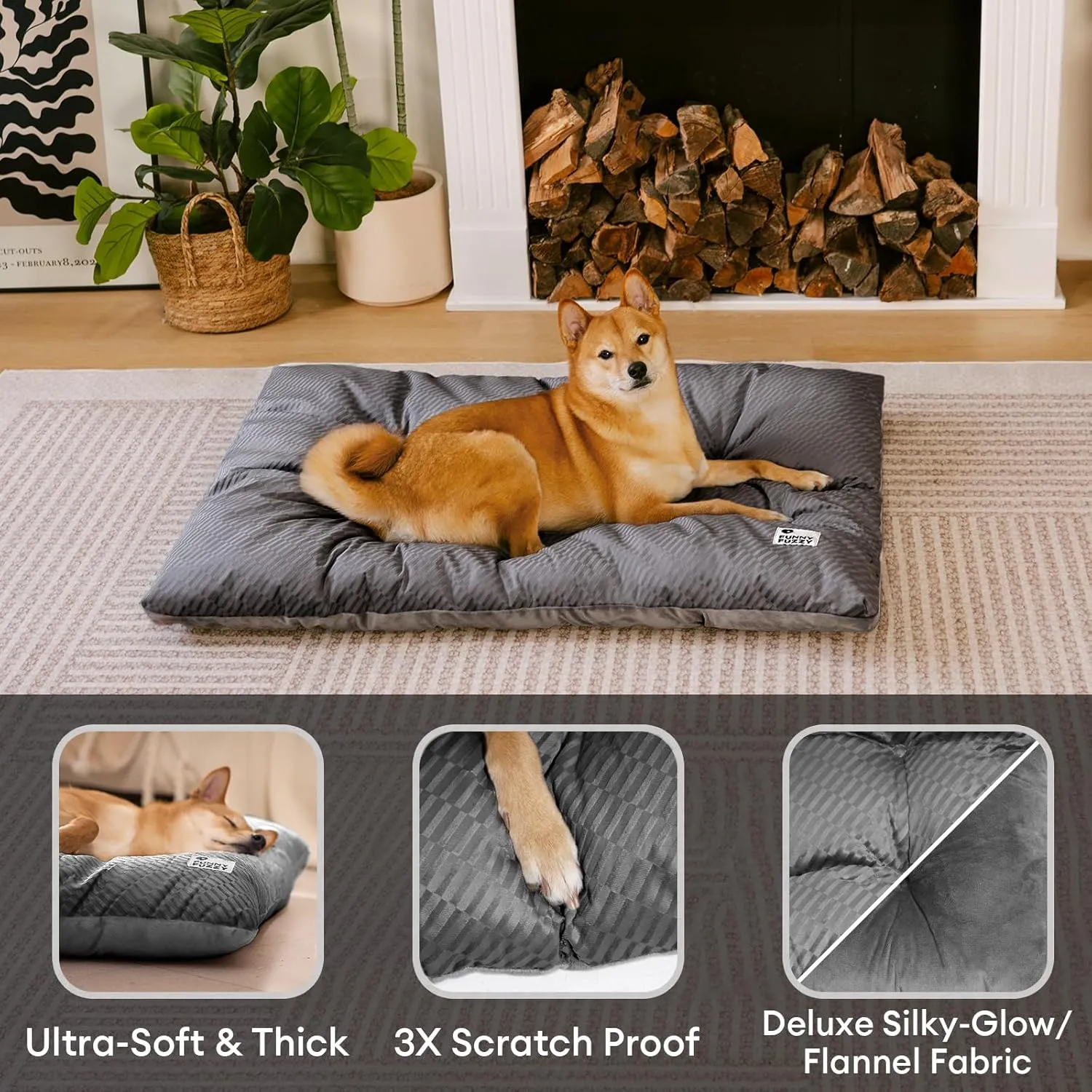 FUNNY FUZZY Washable Dog Bed,Reversible Plush Dog Crate Mat, Soft Fluffy Kennel Pad,Pet Sleeping Mattress for X-Large,Large,Jumbo,Medium Sized Dogs Breeds,Indoor Cats,35.4"  22.8", Charcoal Grey