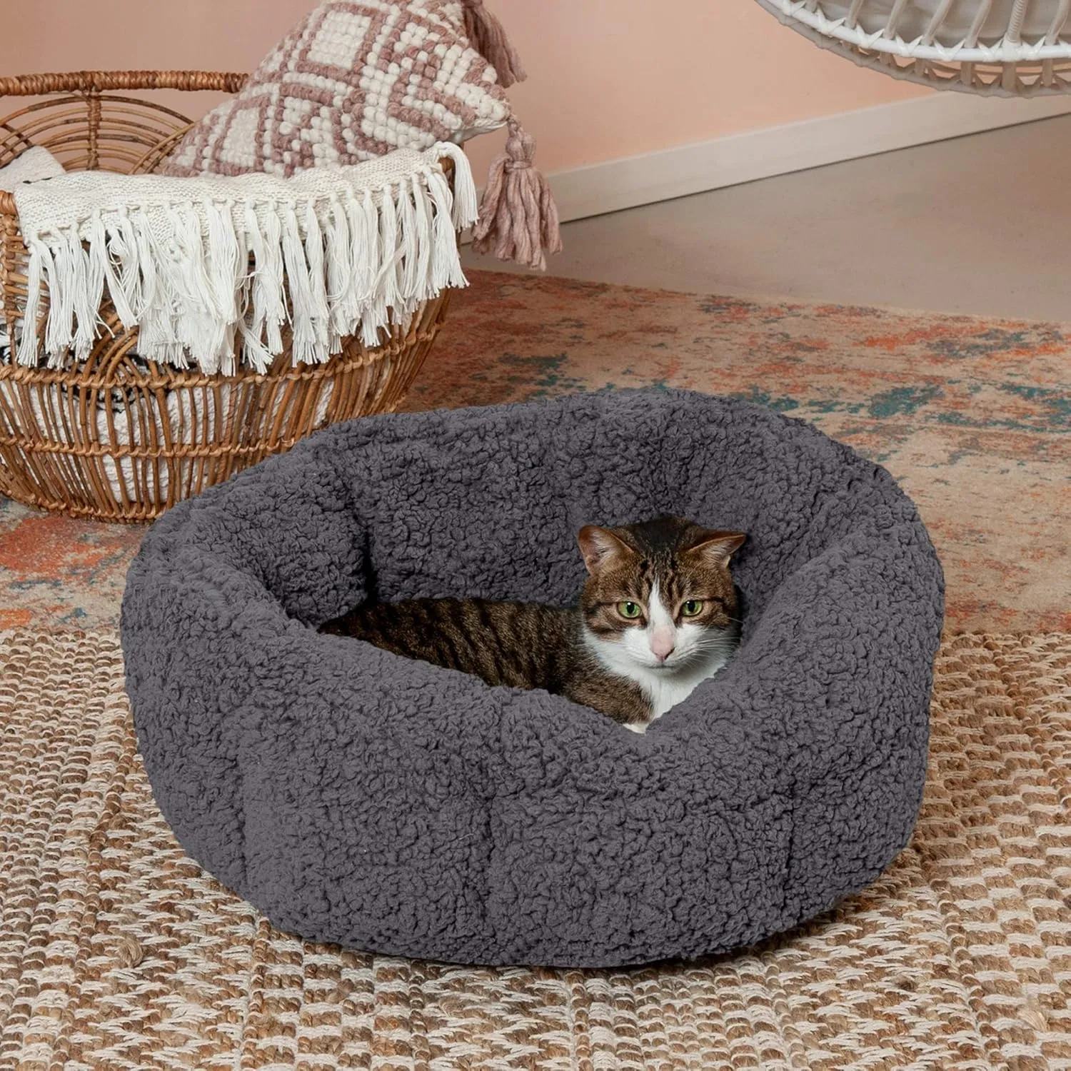 Furhaven 20" Round Self-Warming Pet Bed for Indoor Cats & Small Dogs, 100% Washable, For Pets Up to 20 lbs - Hi Lo Snuggle Terry Cuddler - Charcoal Gray, Small