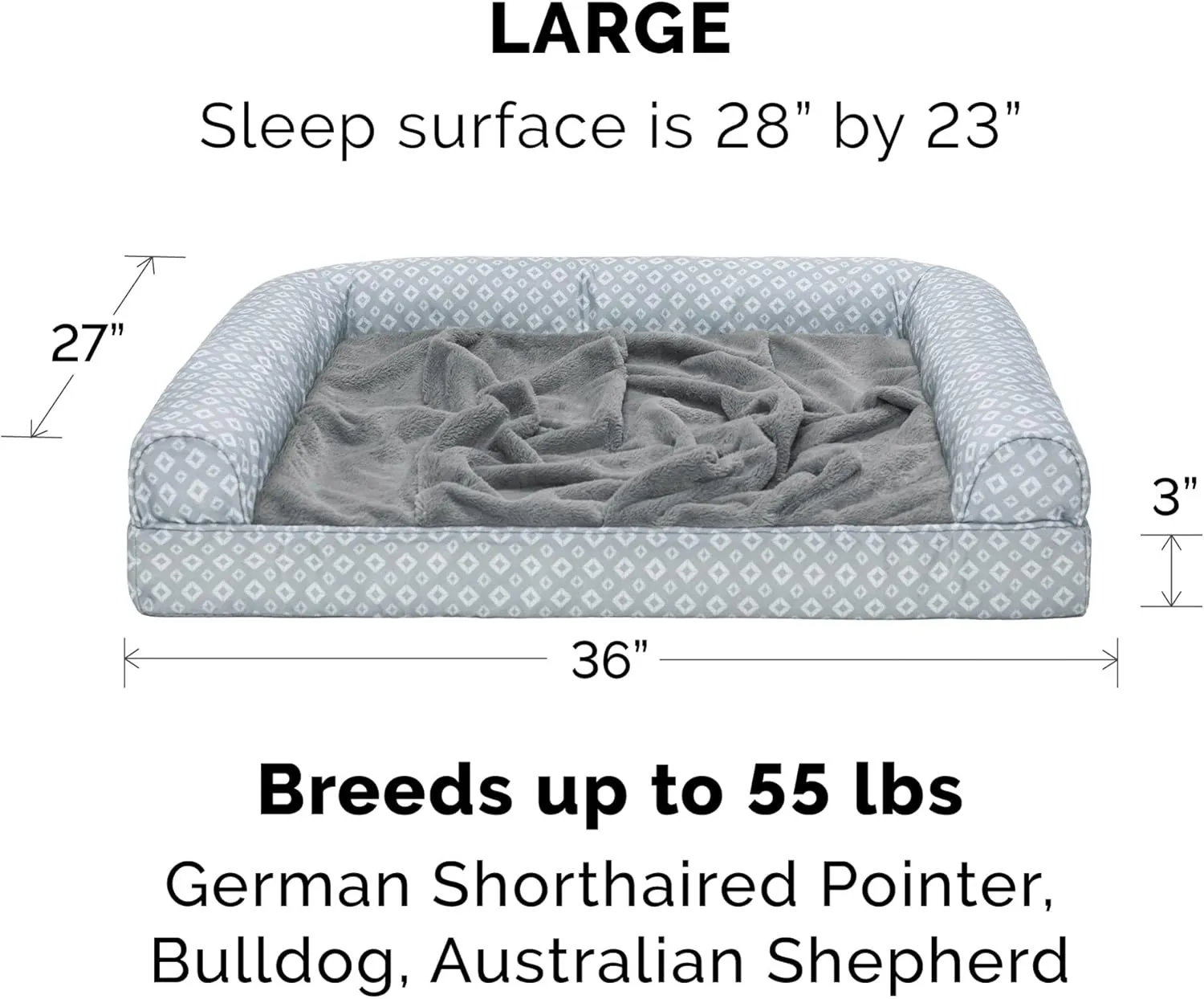Furhaven Cooling Gel Dog Bed for Large/Medium Dogs w/ Removable Bolsters & Washable Cover, For Dogs Up to 55 lbs - Plush & Diamond Print Nest Top Sofa - Gray, Large
