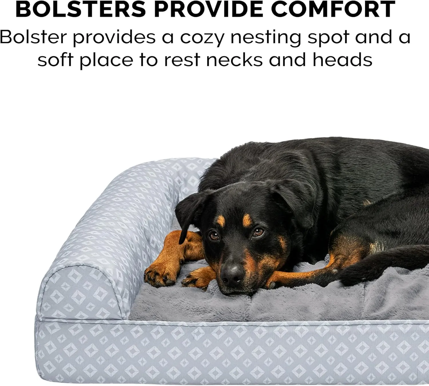 Furhaven Cooling Gel Dog Bed for Large/Medium Dogs w/ Removable Bolsters & Washable Cover, For Dogs Up to 55 lbs - Plush & Diamond Print Nest Top Sofa - Gray, Large