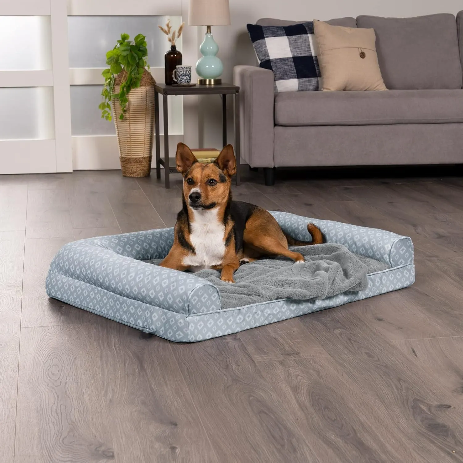 Furhaven Cooling Gel Dog Bed for Large/Medium Dogs w/ Removable Bolsters & Washable Cover, For Dogs Up to 55 lbs - Plush & Diamond Print Nest Top Sofa - Gray, Large