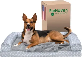 Furhaven Cooling Gel Dog Bed for Large/Medium Dogs w/ Removable Bolsters & Washable Cover, For Dogs Up to 55 lbs - Plush & Diamond Print Nest Top Sofa - Gray, Large