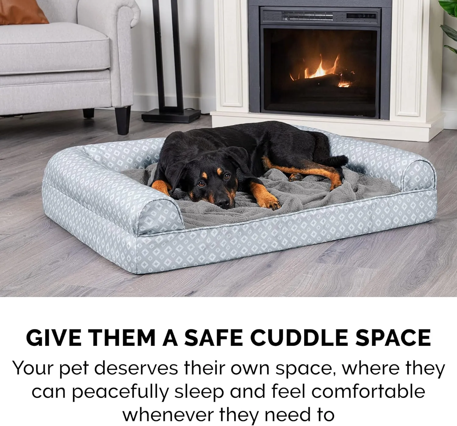 Furhaven Cooling Gel Dog Bed for Large/Medium Dogs w/ Removable Bolsters & Washable Cover, For Dogs Up to 55 lbs - Plush & Diamond Print Nest Top Sofa - Gray, Large