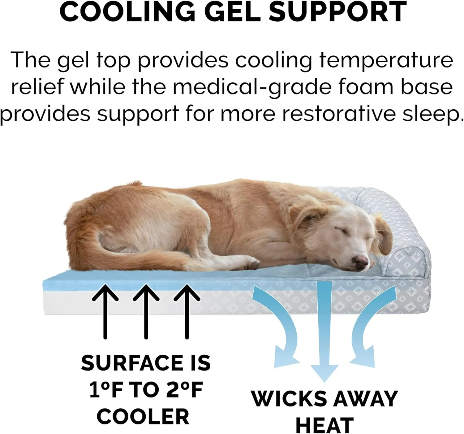 Furhaven Cooling Gel Dog Bed for Large/Medium Dogs w/ Removable Bolsters & Washable Cover, For Dogs Up to 55 lbs - Plush & Diamond Print Nest Top Sofa - Gray, Large